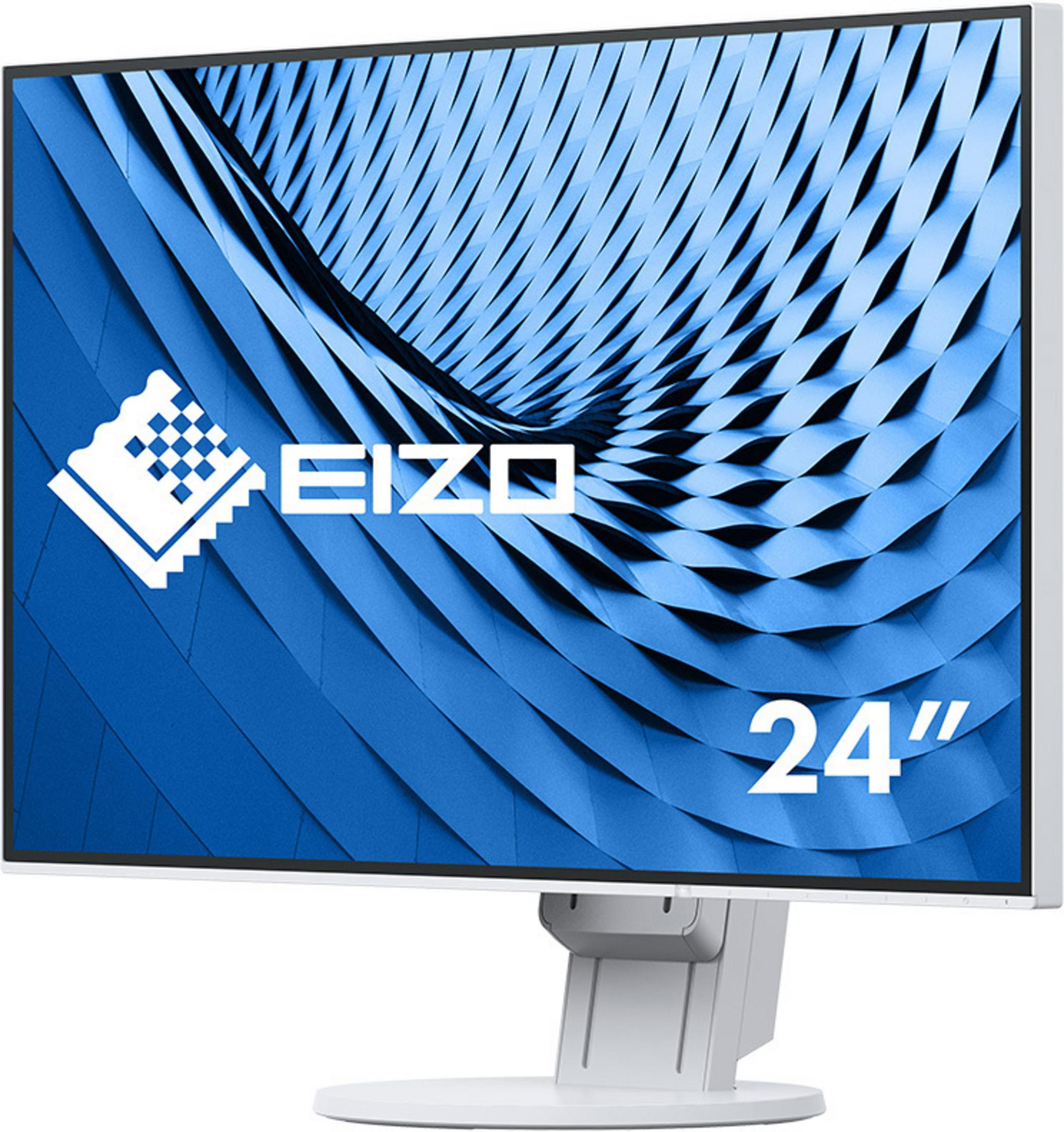 EIZO 24" Monitor. Weißer Rahmen, Ständer. Blauer Hintergrund. EIZO-Logo oben links.