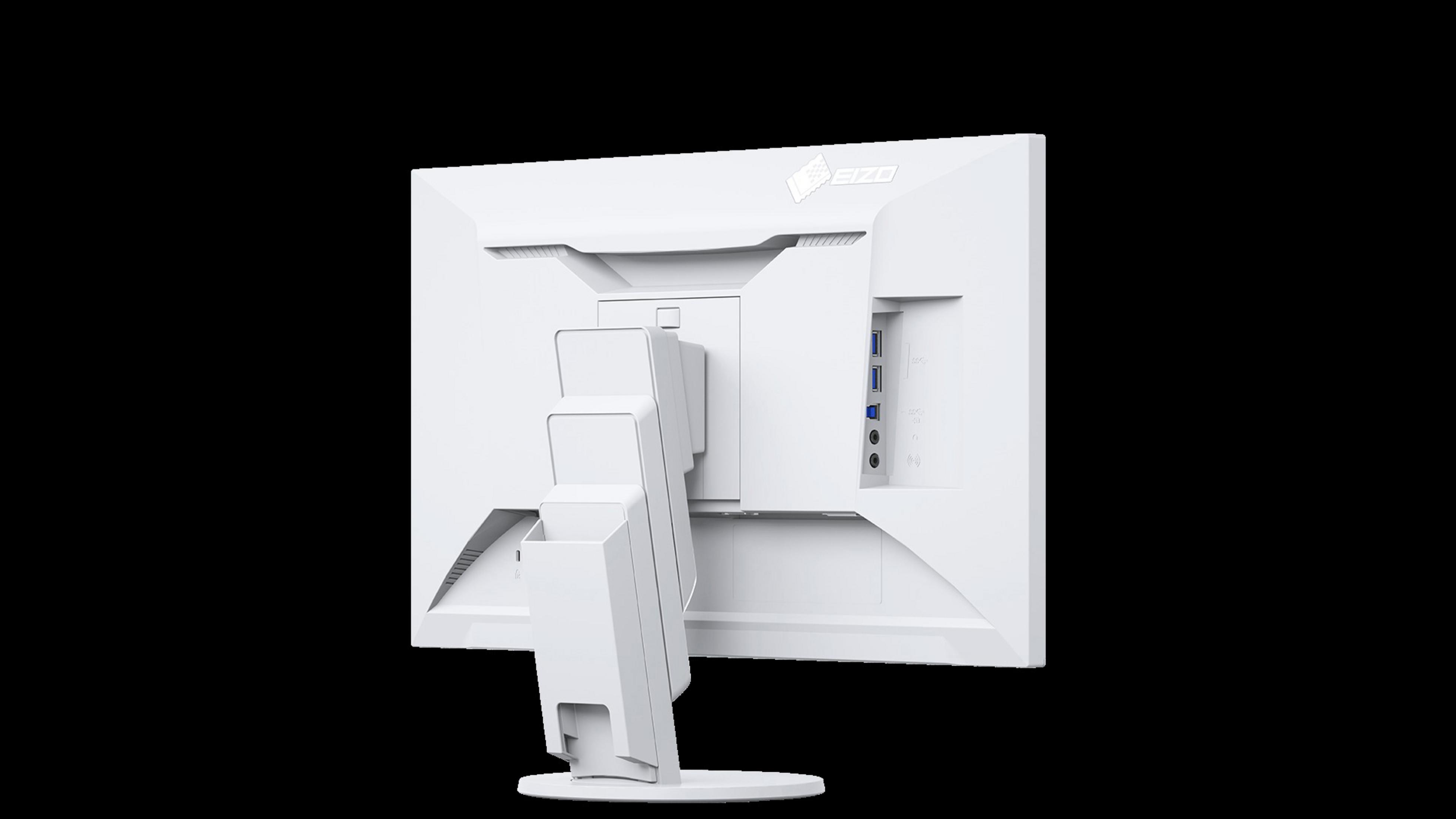 Die Rückseite eines weißen Computermonitors mit Anschlüssen und einem Ständer. Der Hintergrund ist schwarz.