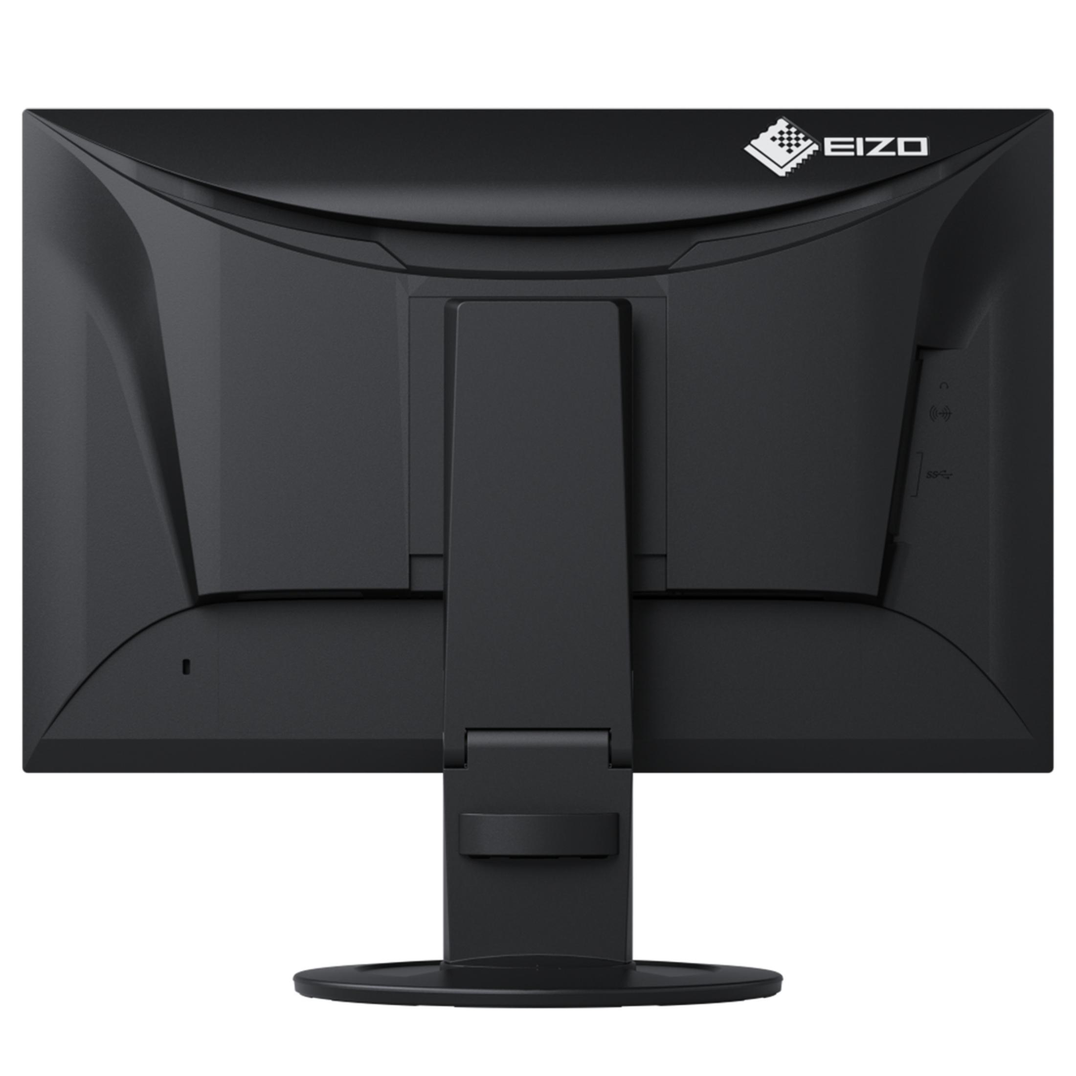 Rückseite eines schwarzen Computermonitors mit dem EIZO-Logo oben.