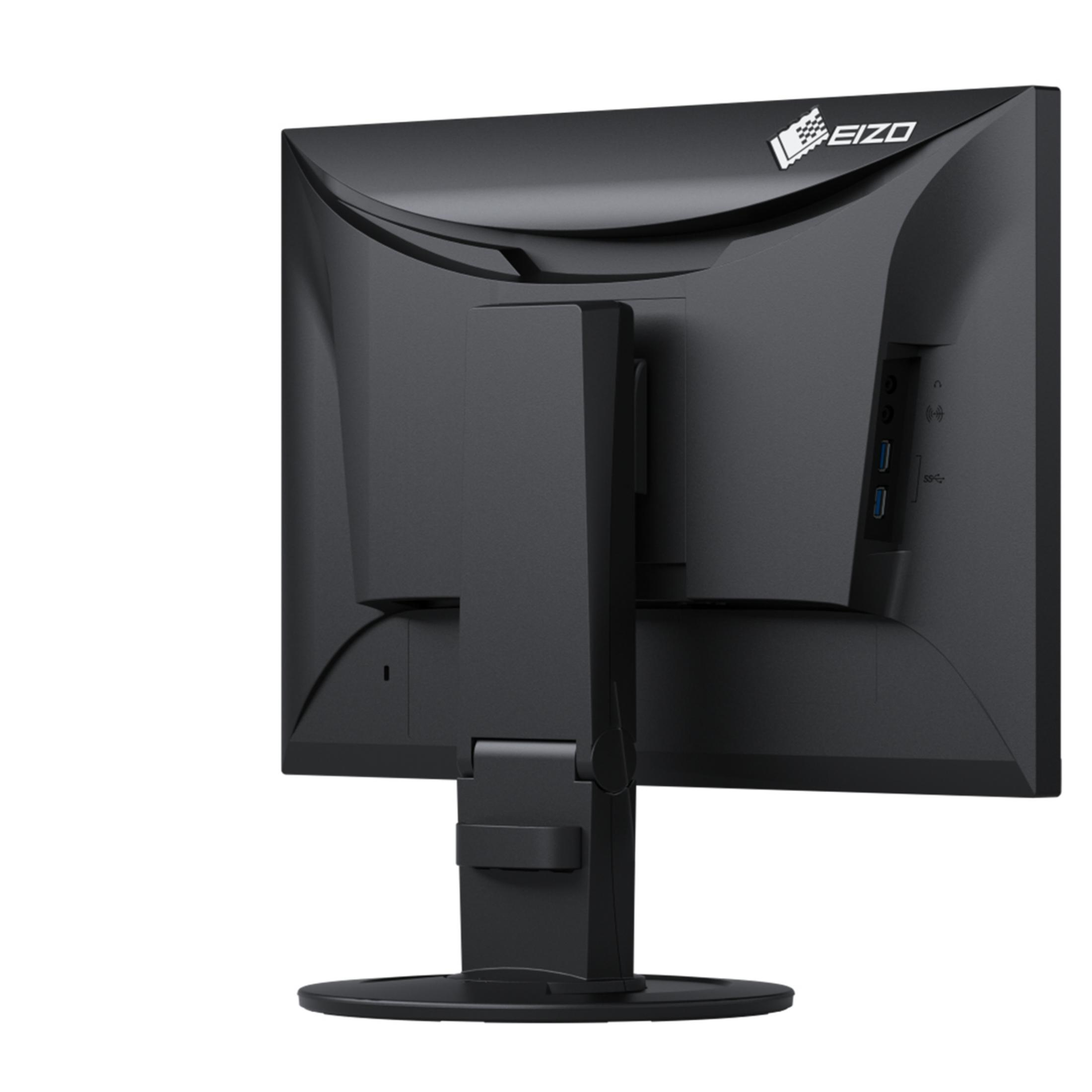 Schwarzer Computermonitor. Rückansicht. Ständer und Anschlüsse sichtbar. Eizo-Logo oben.