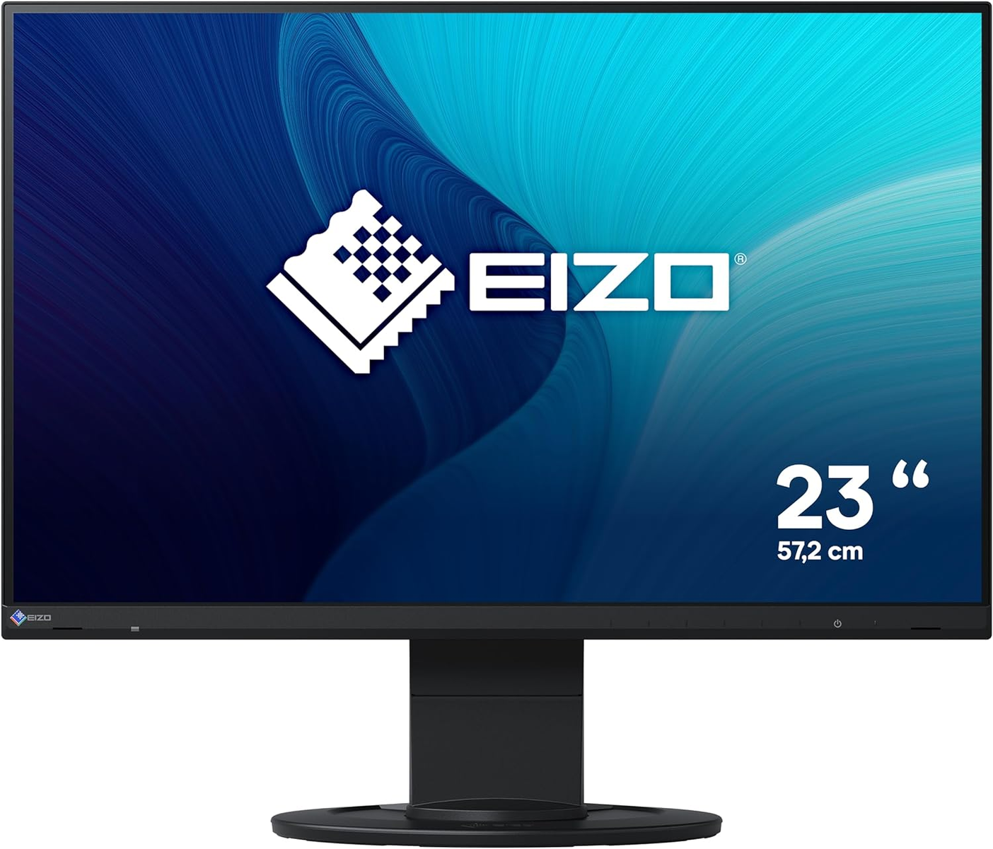 Schwarzer EIZO-Monitor mit 23"-Etikett. Er ist vor blauem Hintergrund platziert.