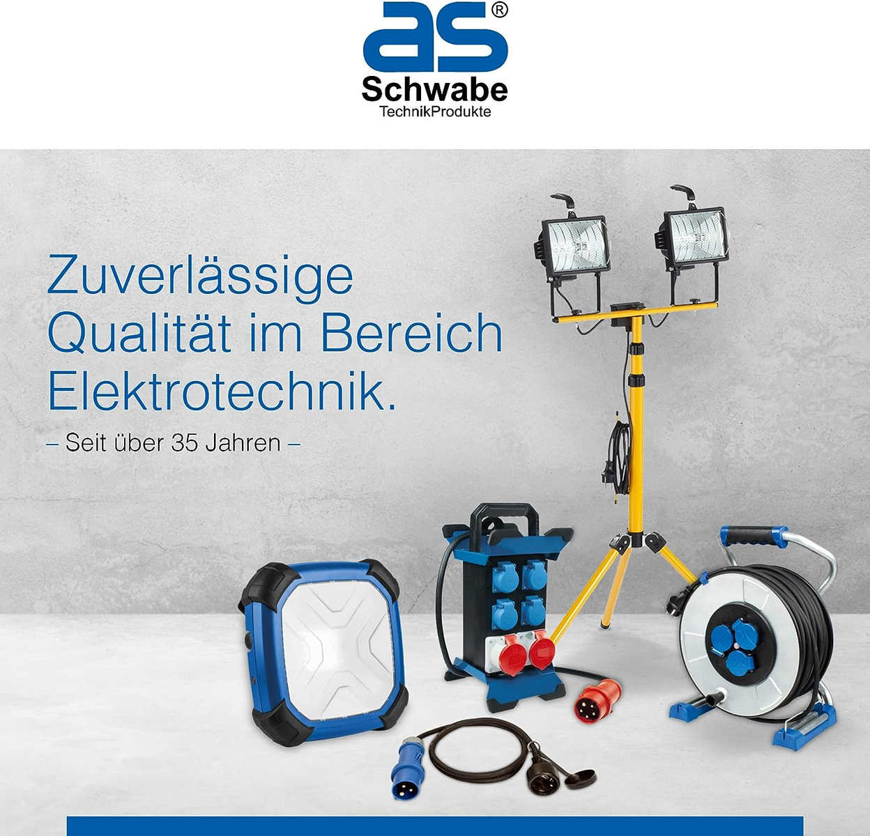 Set aus Arbeitsleuchten und elektrischer Ausrüstung. Blau und Gelb. Schwabe-Logo oben.