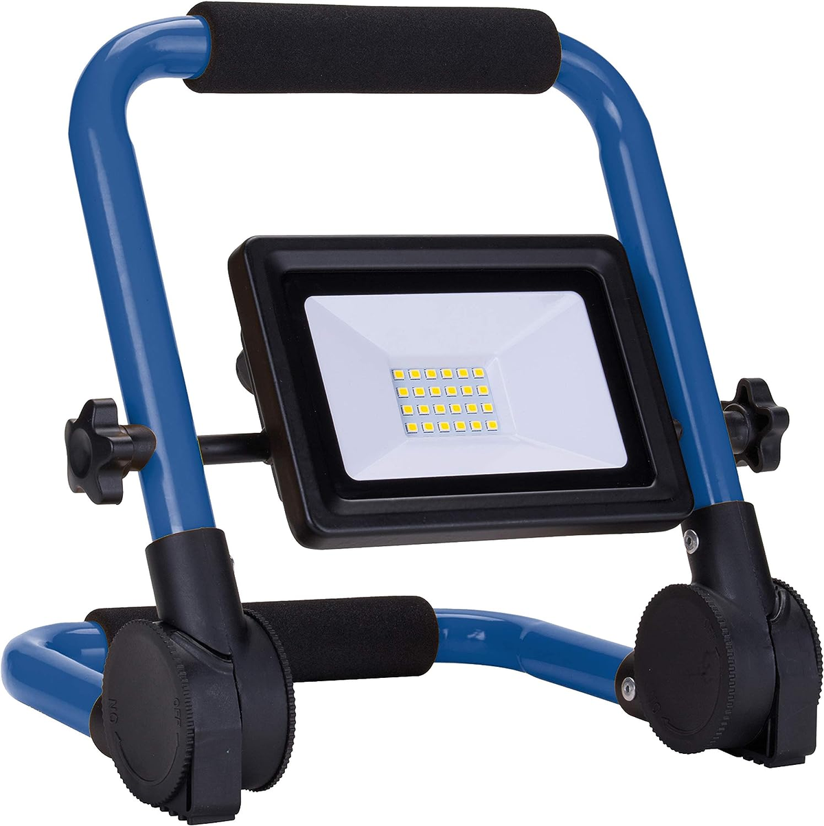 Una luce da lavoro blu e nera con un supporto. La luce è quadrata con più LED.