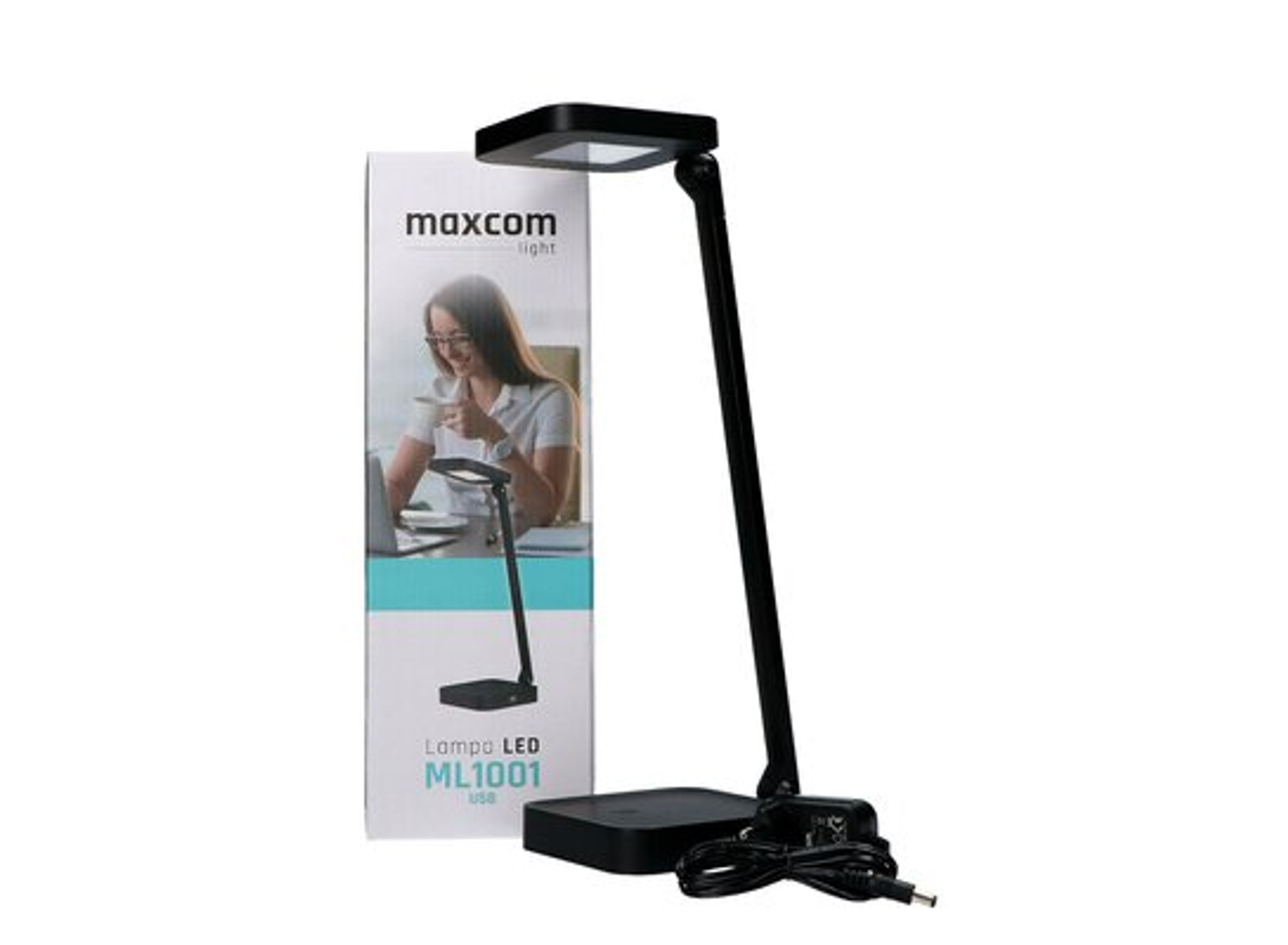 Eine schwarze LED-Schreibtischlampe mit einer weißen Box der Lampe daneben. Auf der Box ist eine Frau abgebildet.