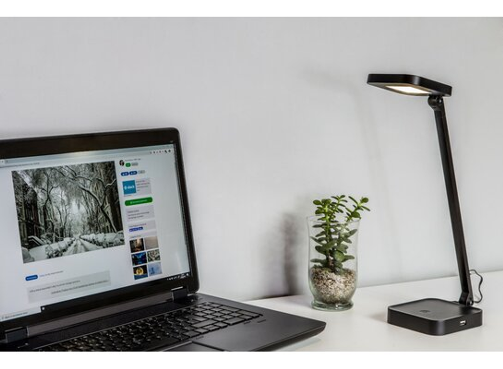 Ein Laptop mit einer verschneiten Waldszene, eine Schreibtischlampe und eine kleine Pflanze in einer Glasvase.