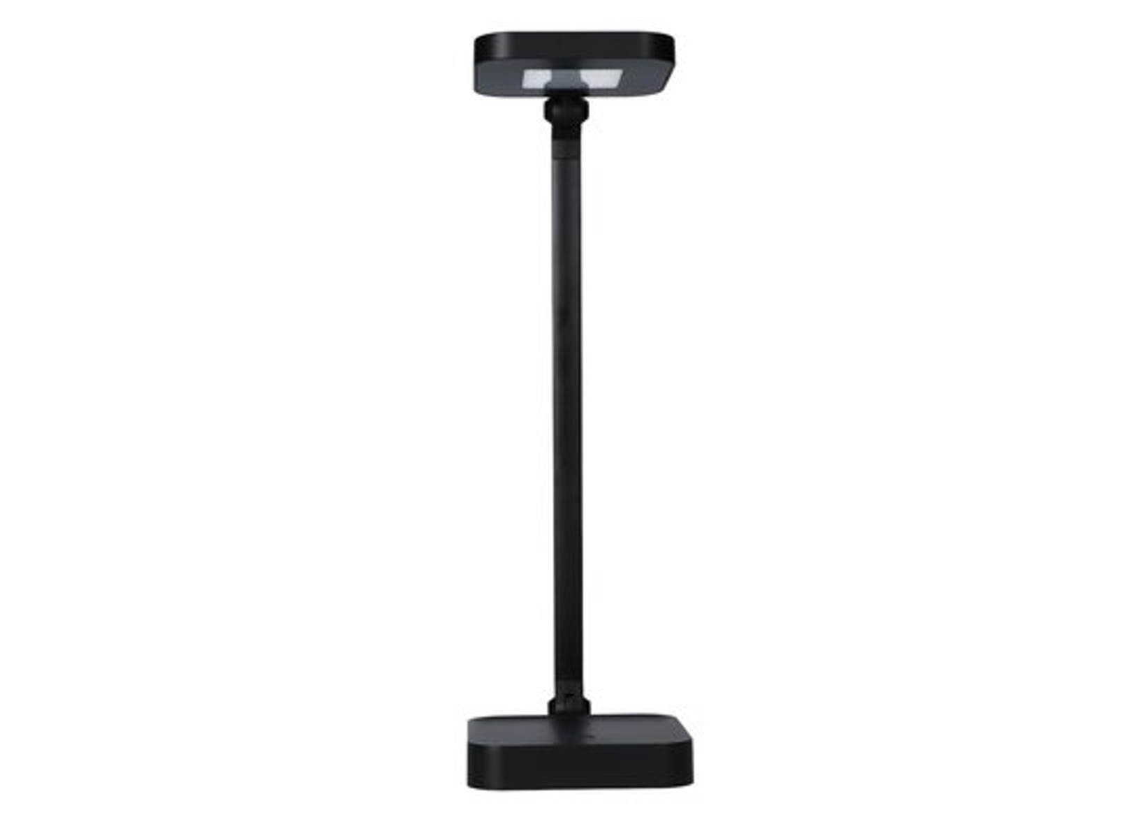 Schwarze Schreibtischlampe, quadratischer Sockel, hoher Stiel und quadratisches Licht.