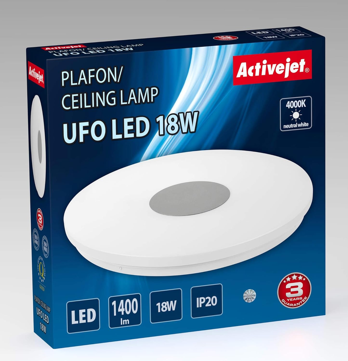 UFO-förmige Deckenlampe in einer Box. Die Box ist blau und weiß mit Text.
