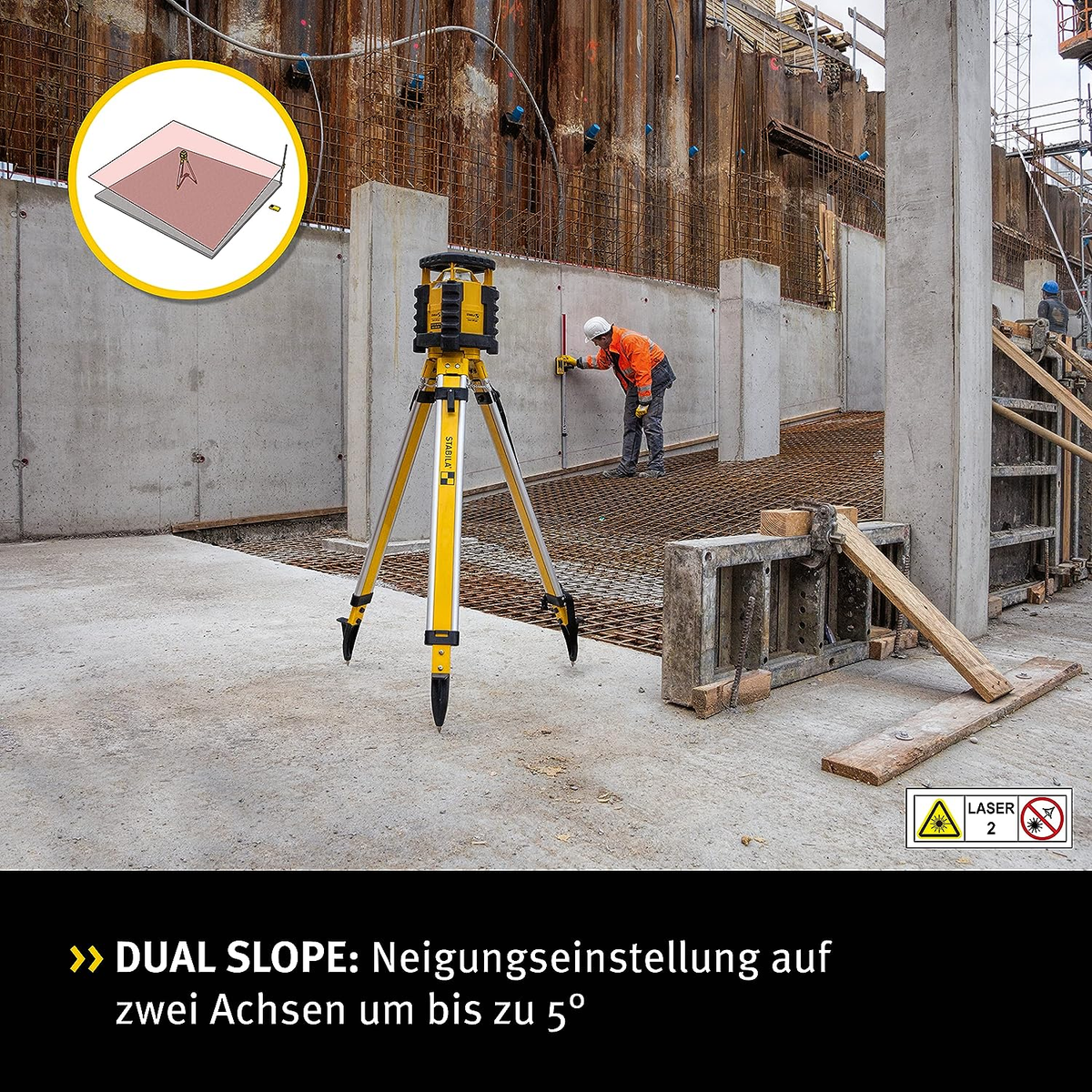 Ein gelber Laser-Nivellierer auf einem Stativ, ein Arbeiter und ein Diagramm einer Baustelle.