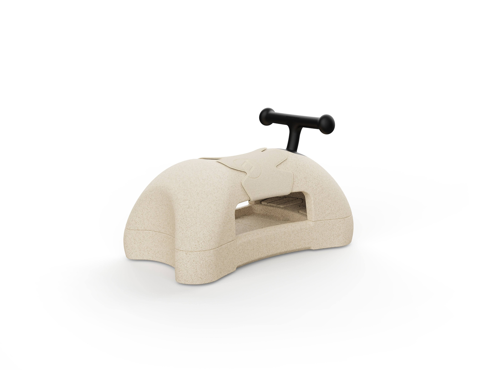 Un cavalcabile giocattolo beige con manubrio nero su sfondo bianco.