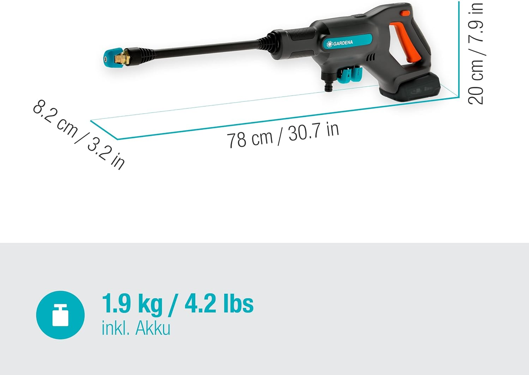 Schwarz-grauer Hochdruckreiniger mit Maßen. Text: 1,9 kg/4,2 lbs inkl. Akku.