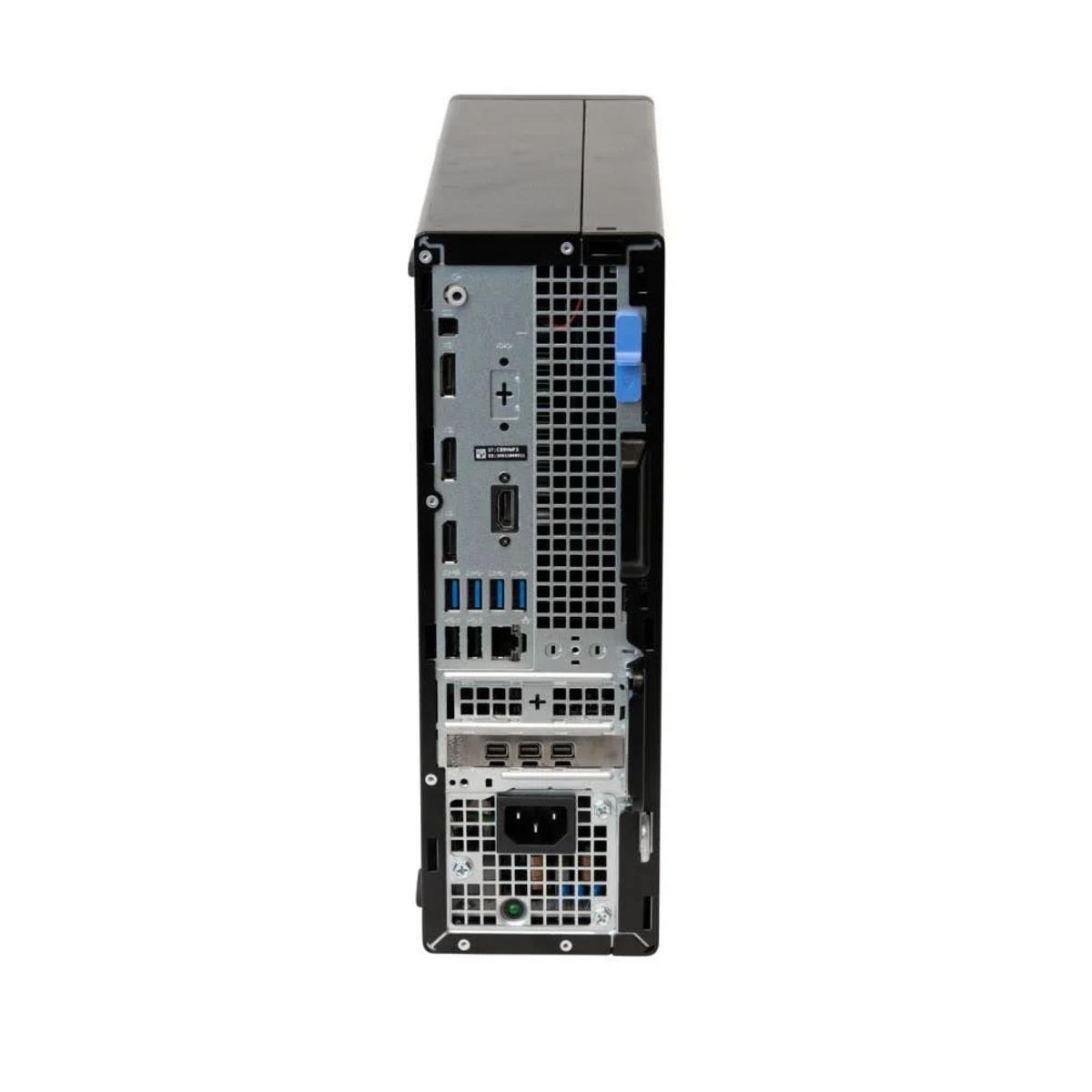 Die Rückseite eines schwarzen Desktop-Computers mit Anschlüssen auf weißem Hintergrund.