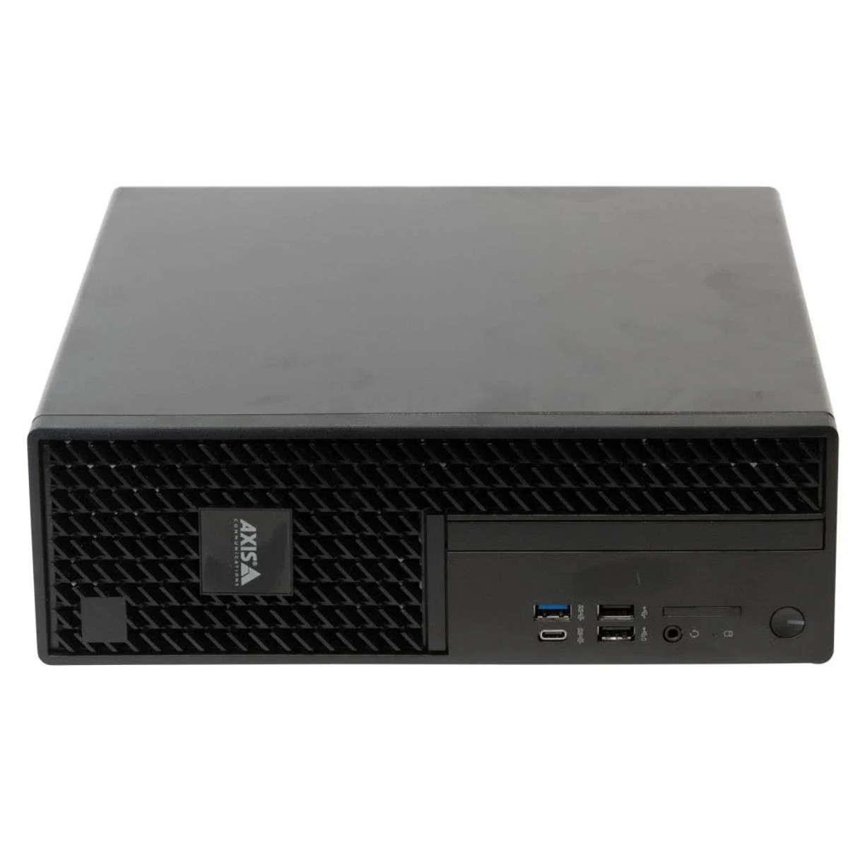 Ein schwarzes Desktop-Computergehäuse mit dem AXIS-Logo und verschiedenen Anschlüssen an der Vorderseite.