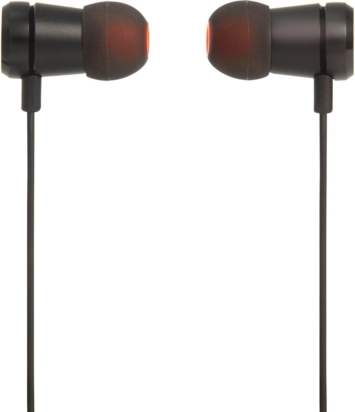 Coppia di auricolari neri con punte arancioni, con sottili cavi neri.