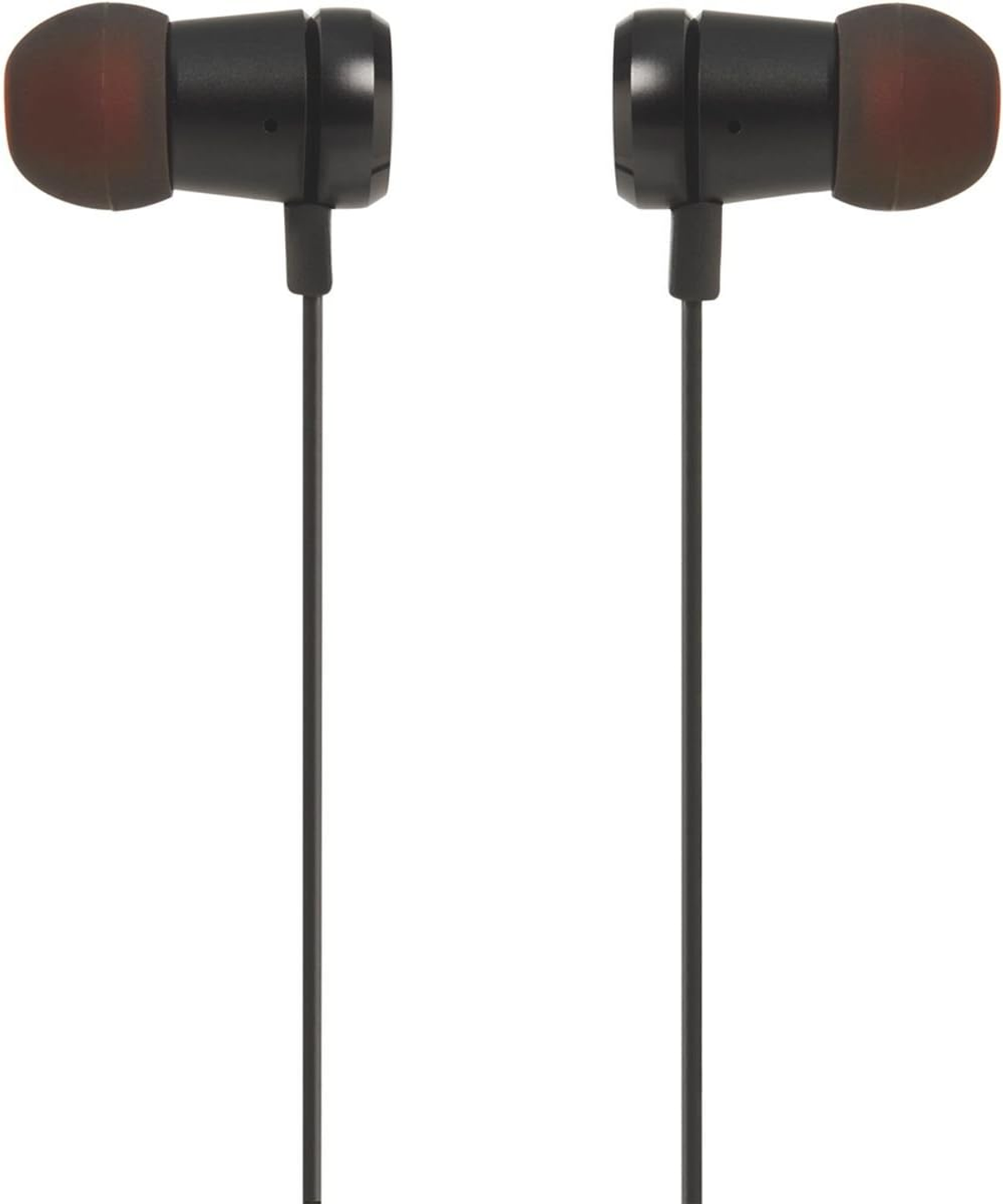 Auricolari neri con punte rosse e filo nero, isolati su sfondo bianco.