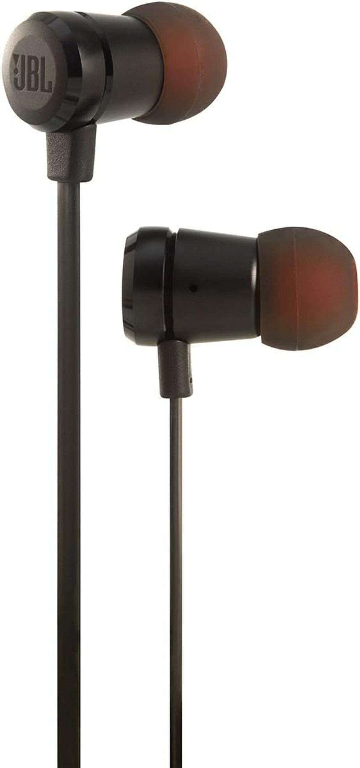 Auricolari JBL neri con punte rosse, mostrati su sfondo bianco.