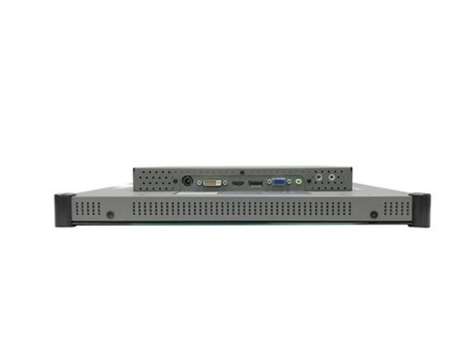 Rückansicht eines grauen Computermonitors und einer schwarzen Box mit Anschlüssen. Weißer Hintergrund.