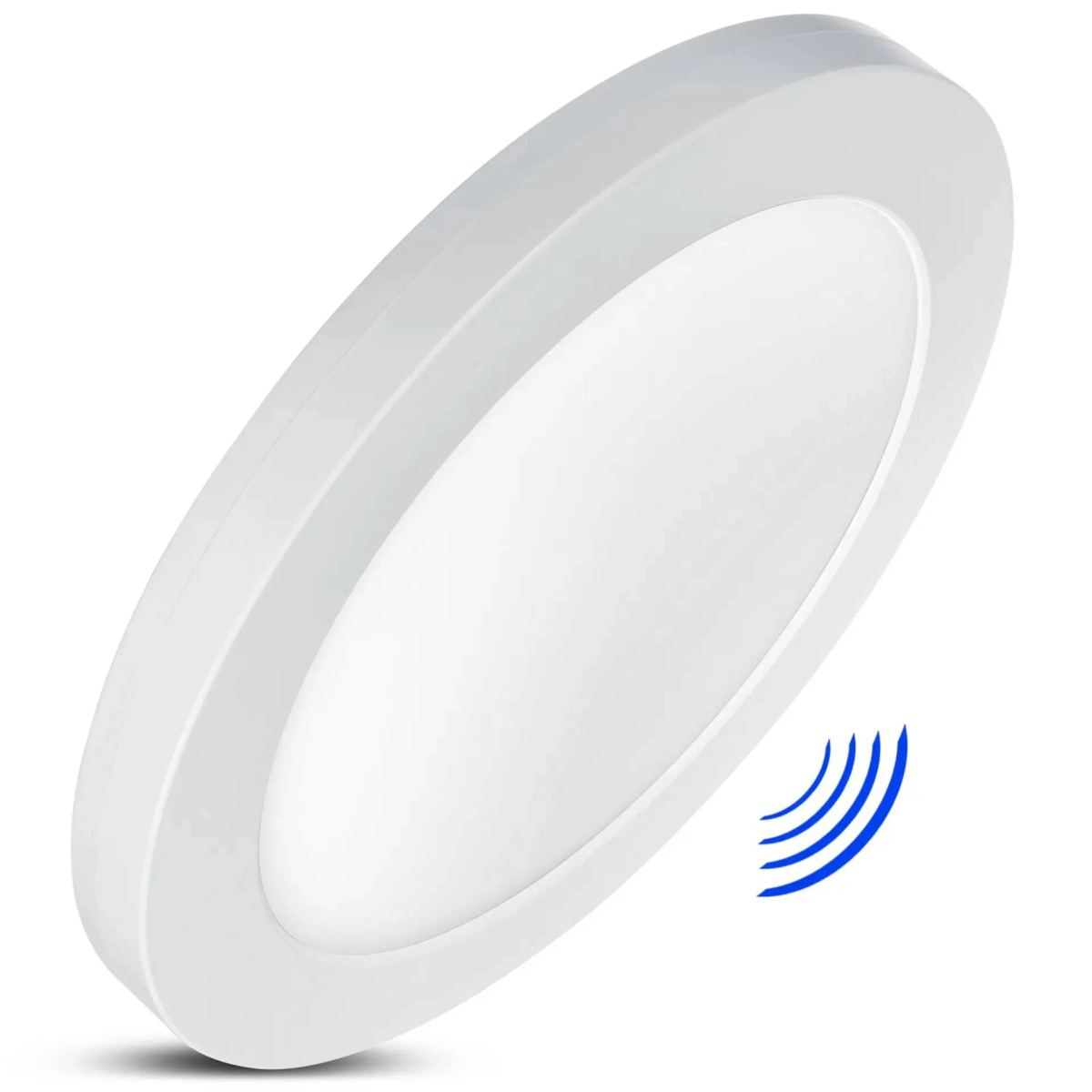 Una lampada da soffitto bianca e rotonda con un'icona del sensore e onde blu a destra.