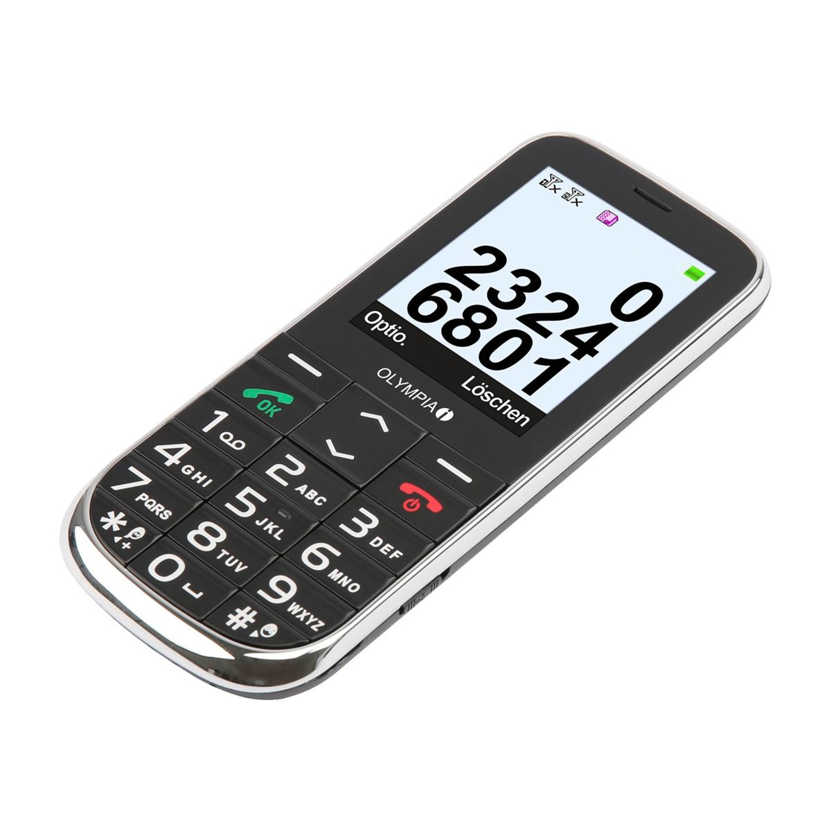 Czarny telefon Olympia z ekranem wyświetlającym liczby i tekst.