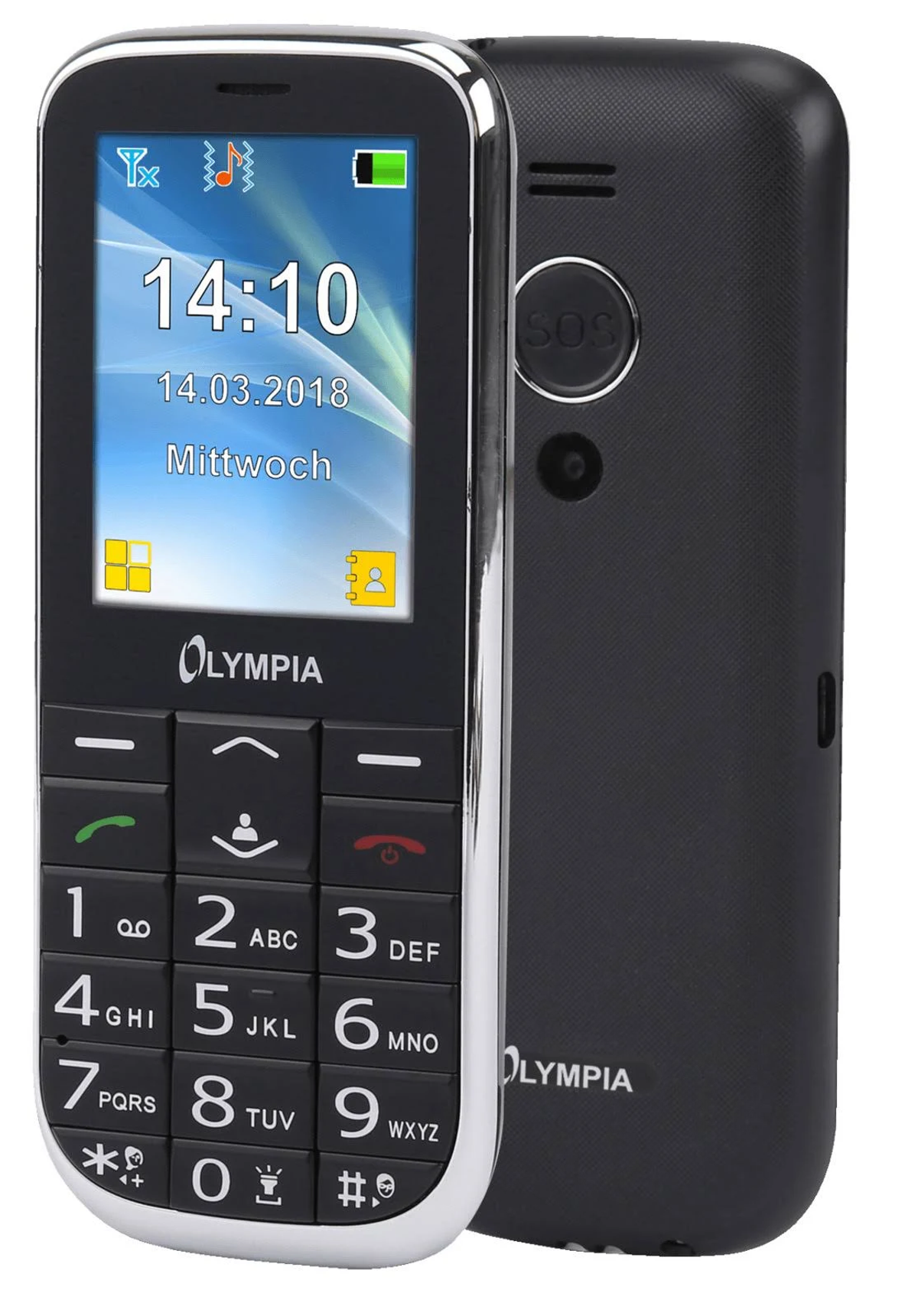 Czarny telefon Olympia z ekranem wyświetlającym datę i godzinę.