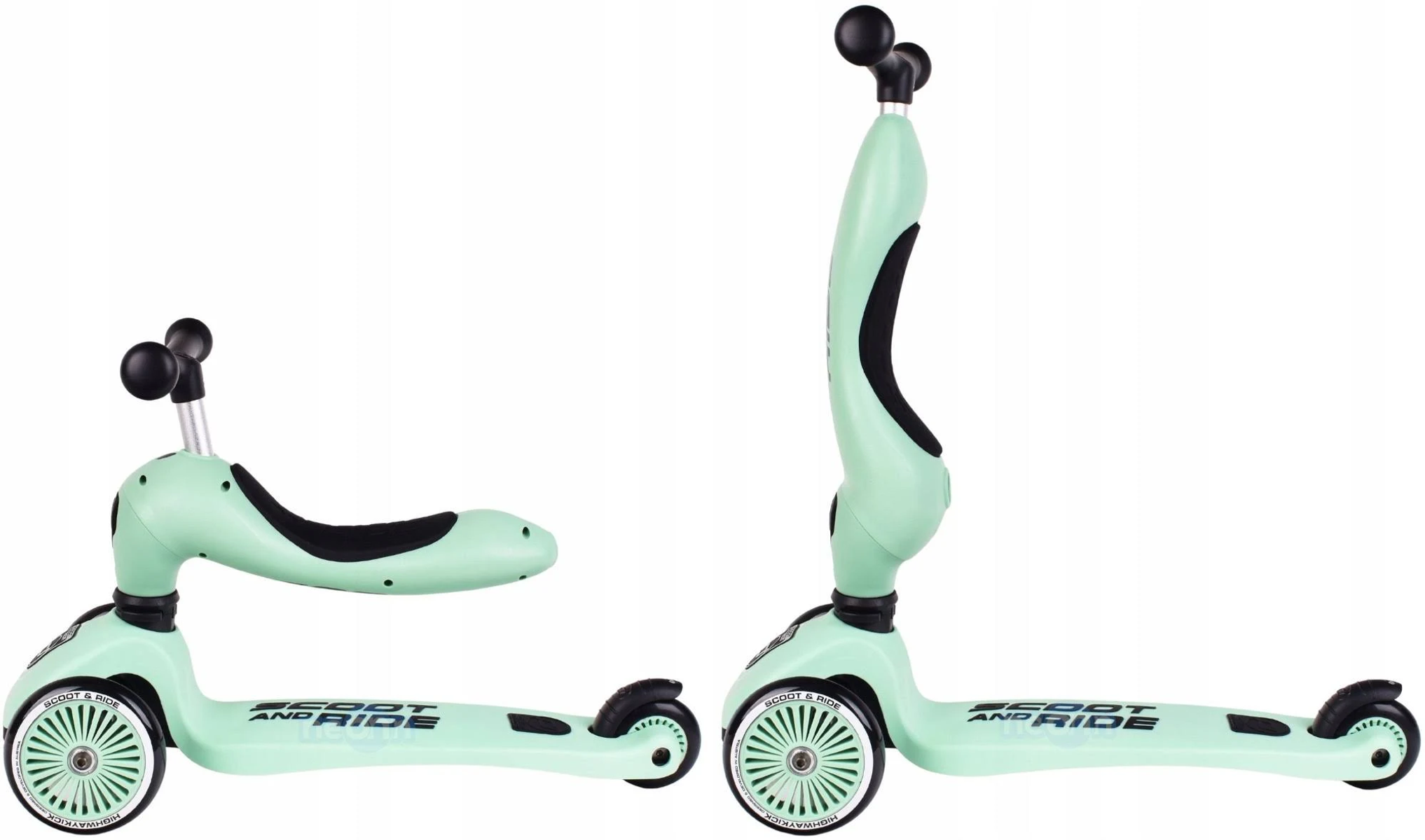 Deux trottinettes vert menthe côte à côte, une en draisienne, une en trottinette.