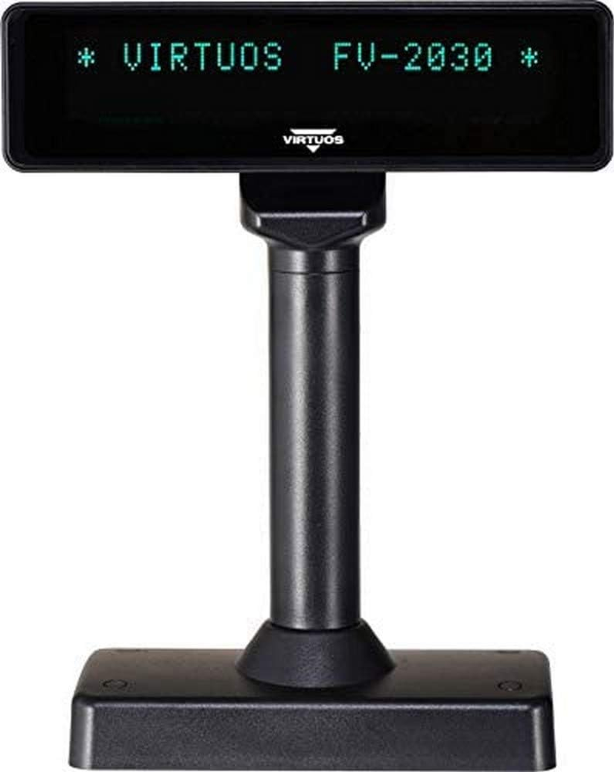 Schwarzes Display mit grünem Text: * VIRTUS FV-2030 *. Es steht auf einem schwarzen Ständer.