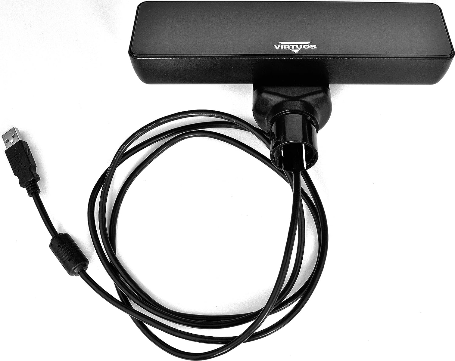 Schwarze Sensorleiste mit USB-Kabel. Oben steht das Wort 'VIRTUS'.
