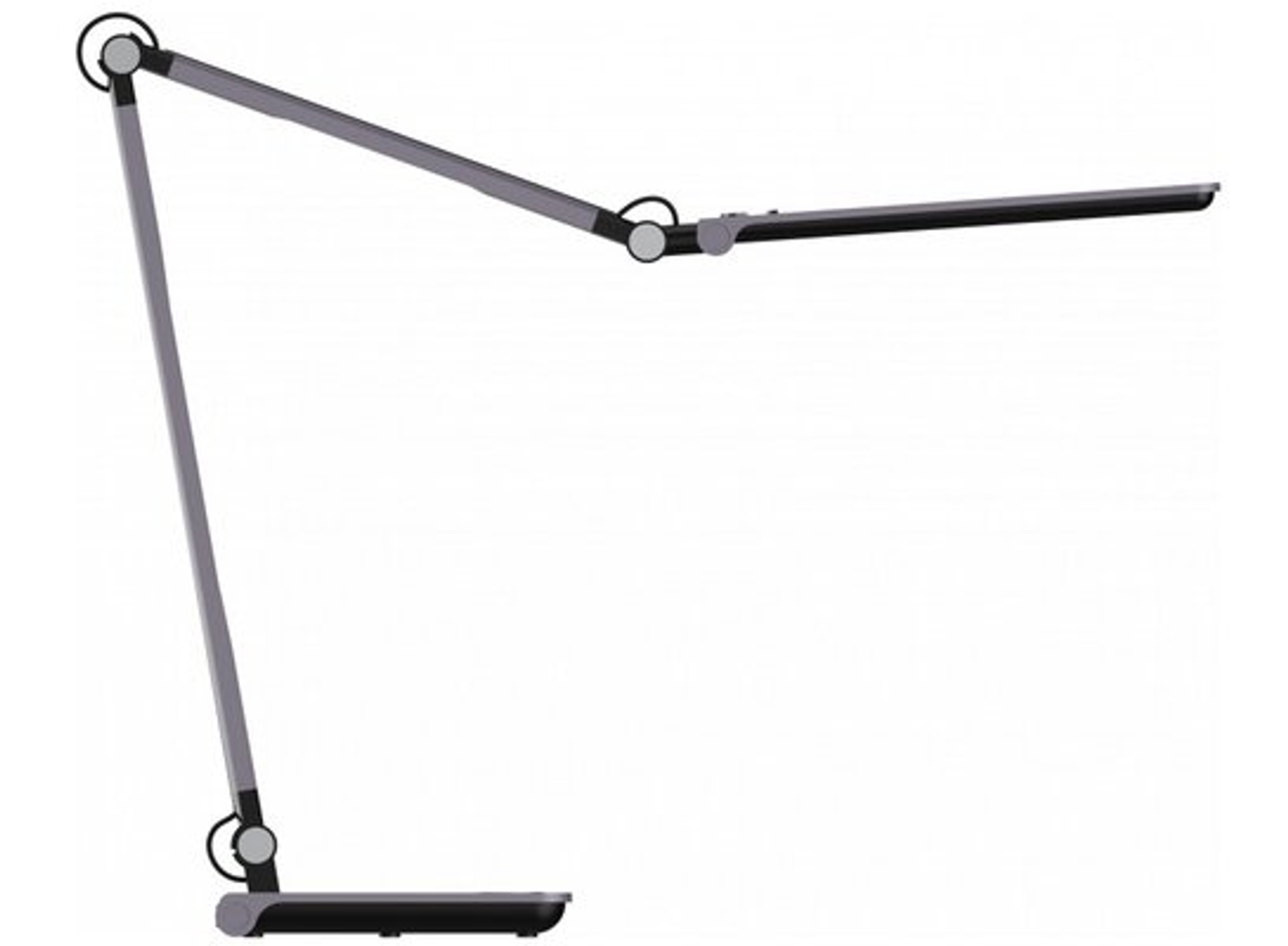 Eine graue, verstellbare Schreibtischlampe mit schwarzem Sockel und Gelenken, vor weißem Hintergrund.