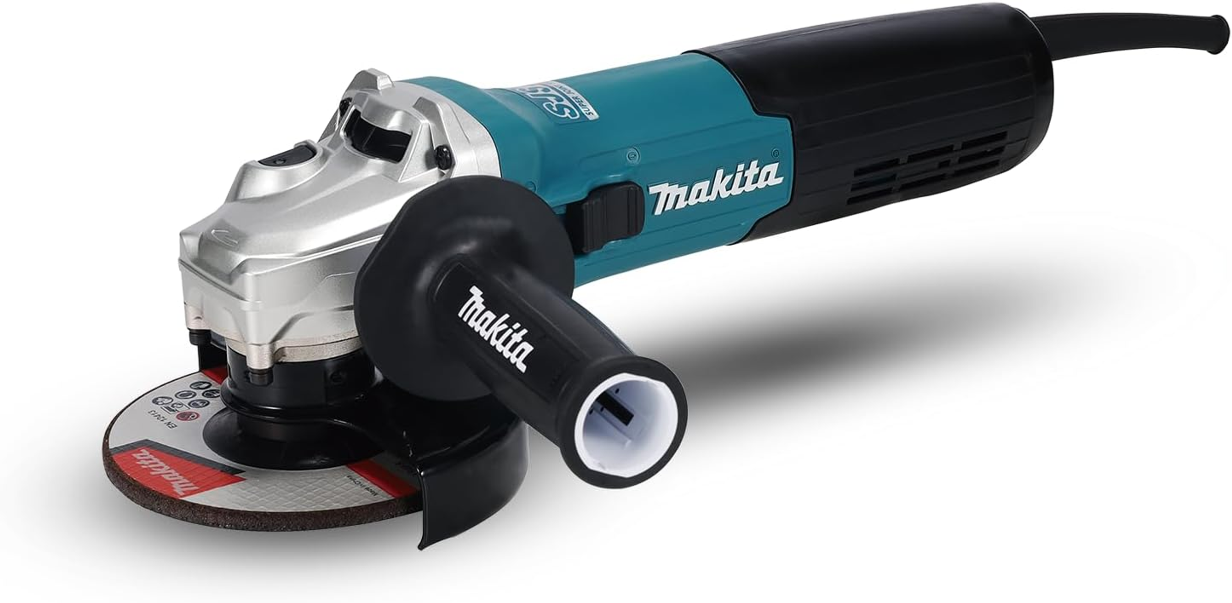 Makita Winkelschleifer. Türkis und Silber, mit einem schwarzen Griff.