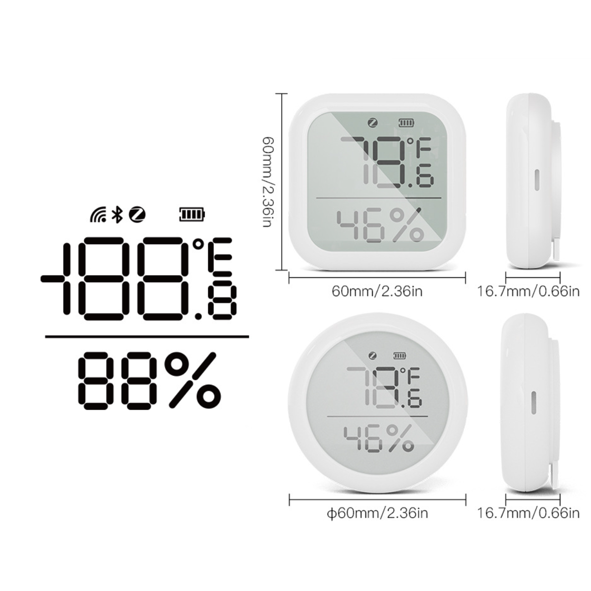 Digitales Thermometer mit 79,6 °F und 46 %. Seiten- und Draufsicht zeigen Abmessungen.