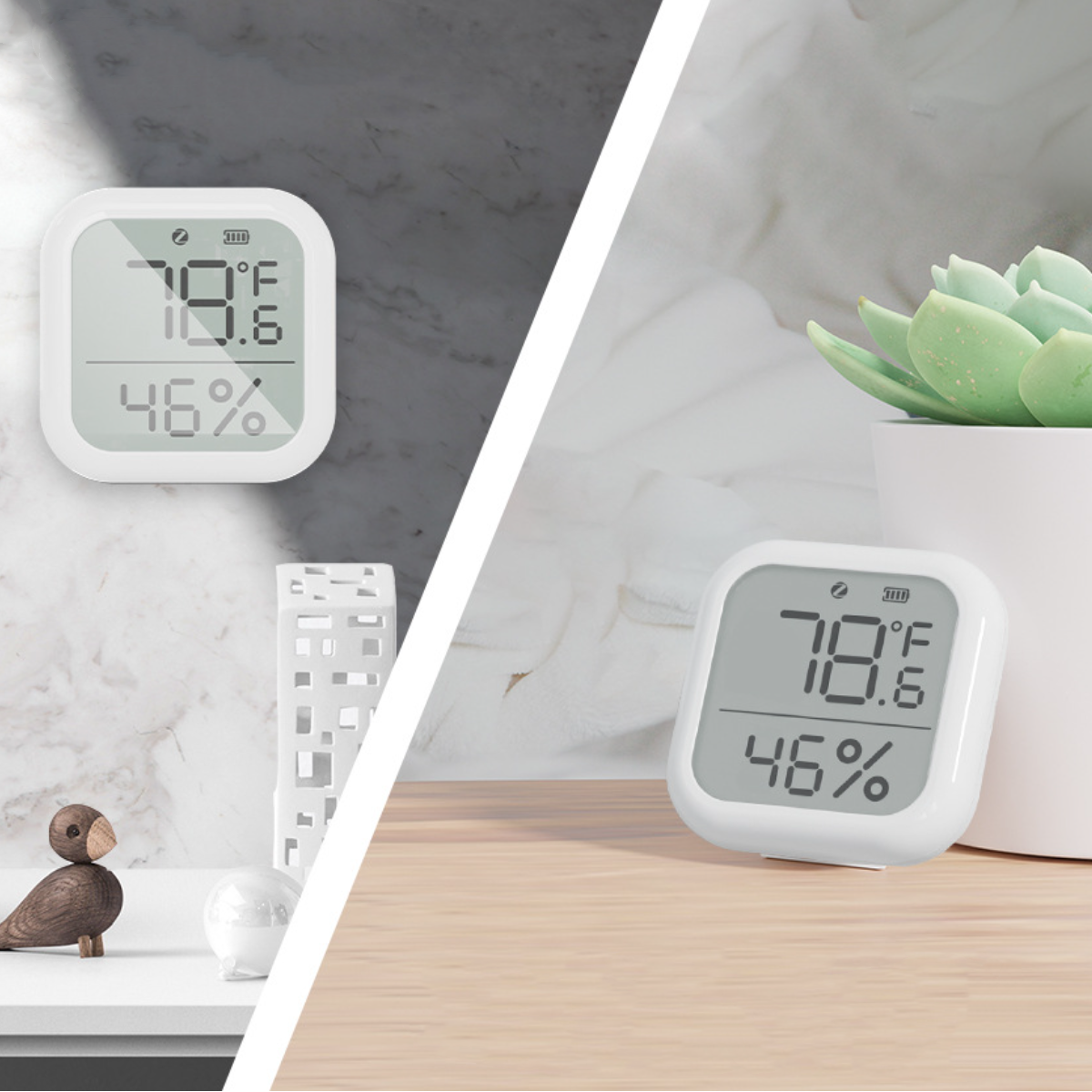 Zwei weiße digitale Thermometer, die Temperatur und Luftfeuchtigkeit anzeigen. Eines an der Wand, eines auf dem Tisch.