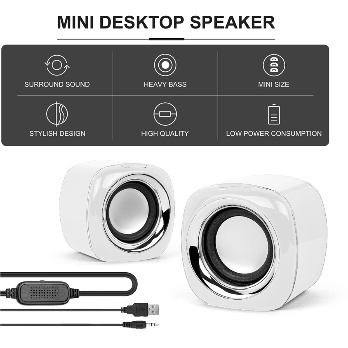 Zwei weiße Mini-Lautsprecher mit schwarzen Zentren und ein schwarzes Kabel und USB-Anschluss.