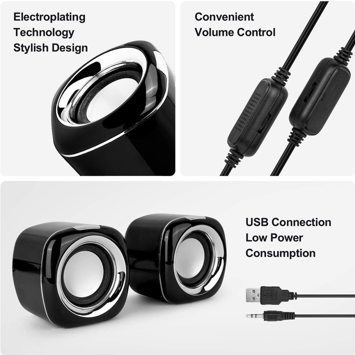 Schwarze Lautsprecher mit silbernen Akzenten, USB- und Audiokabeln und Text: 'Electroplating Technology'.