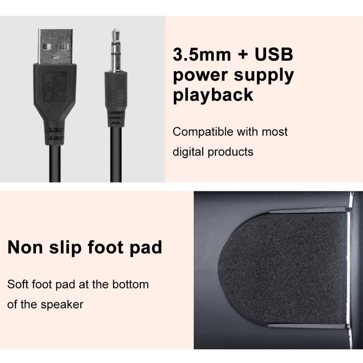 USB- und 3,5-mm-Kabel sowie ein rutschfestes Pad werden mit Text angezeigt.