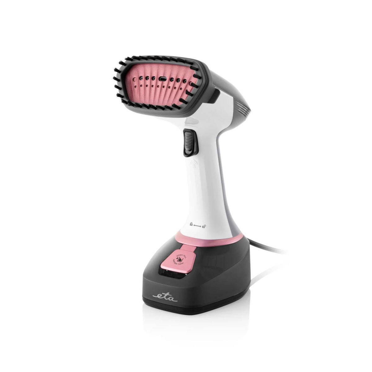 Un vaporizzatore per indumenti portatile bianco e grigio scuro con un accento rosa. Ha un accessorio nero a forma di spazzola in alto.
