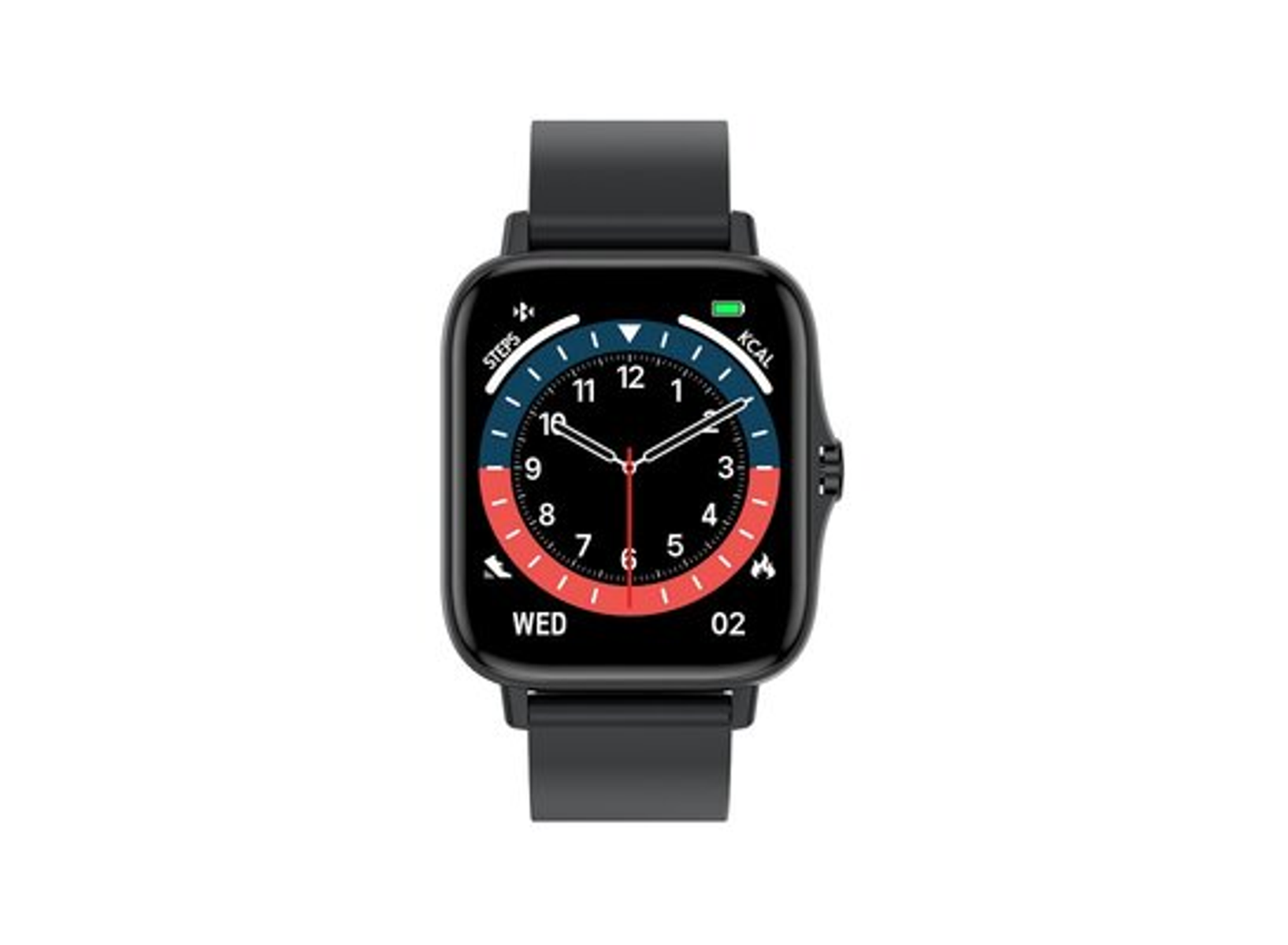 Czarny smartwatch z kwadratową tarczą. Ma czarny pasek i wyświetla godzinę oraz kroki.