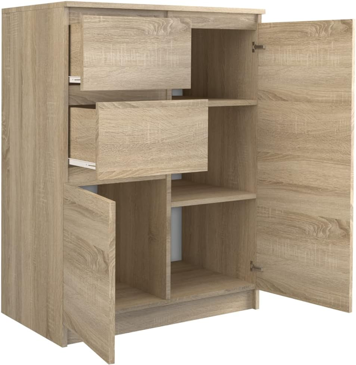 Holzschrank mit offenen Türen, der Regale und Schubladen zeigt. Helle Holzstruktur.