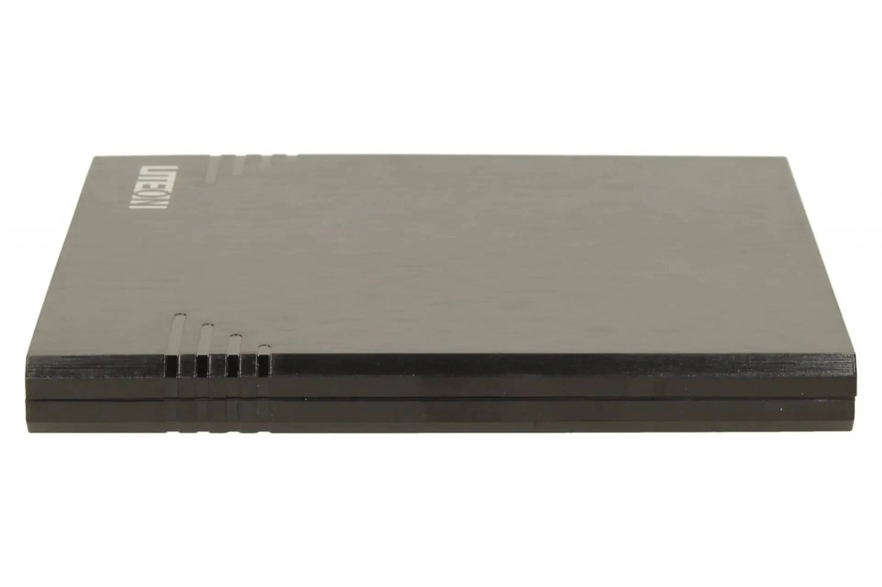 Czarny prostokątny sprzęt LiteOn. Górna powierzchnia jest gładka. Bok ma małe pionowe linie.