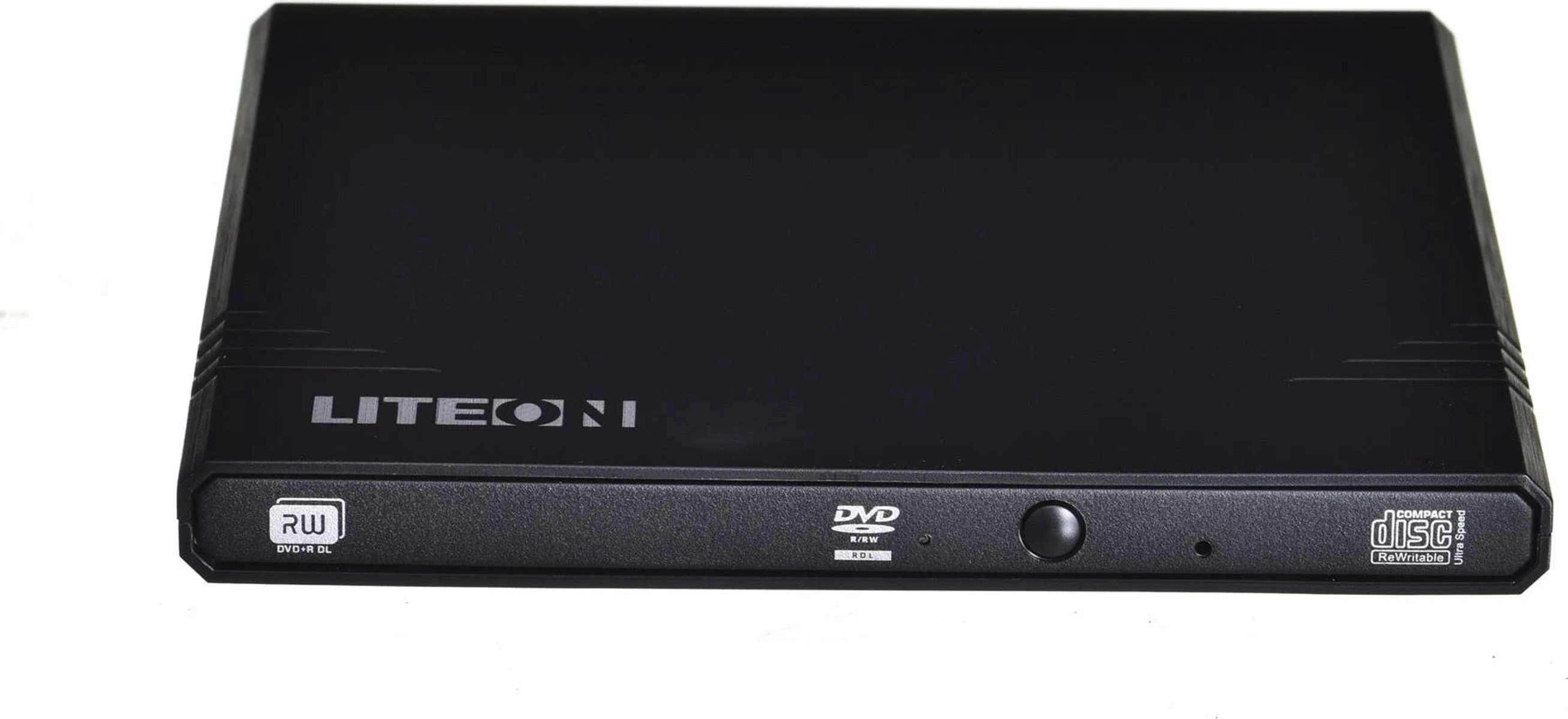 Czarny napęd DVD-RW. Biały tekst z przodu. Białe tło.