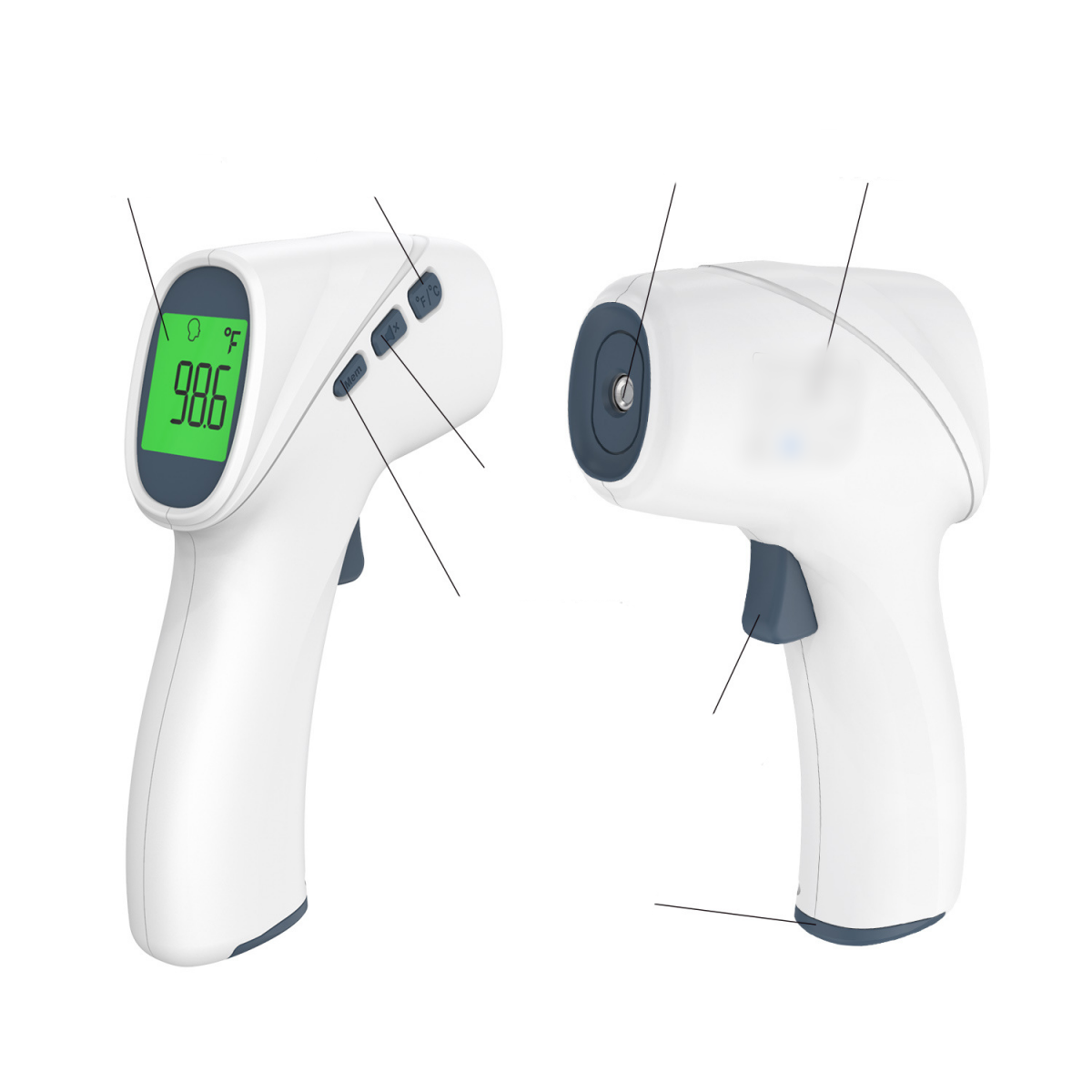 Zwei weiße Thermometer, die eine Temperaturmessung auf dem Bildschirm anzeigen.
