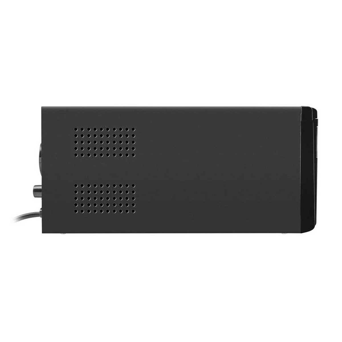 Ein schwarzes elektronisches Gerät, Seitenansicht, mit Lüftungsschlitzen und Netzkabel.