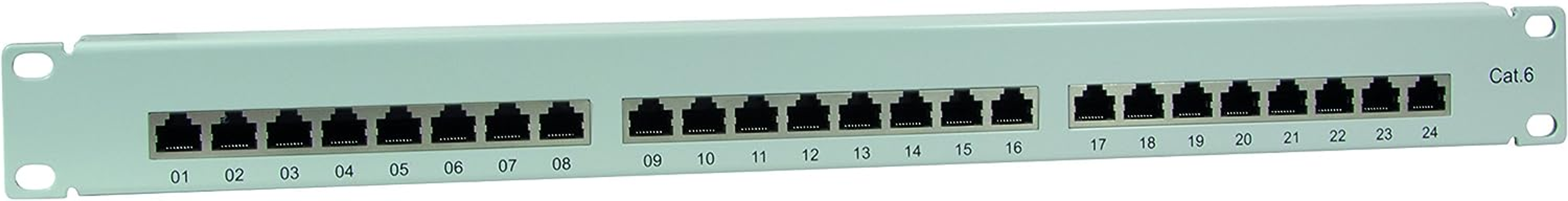 Ein weißes Netzwerk-Patchfeld mit 24 schwarzen Ports, beschriftet von 01 bis 24.