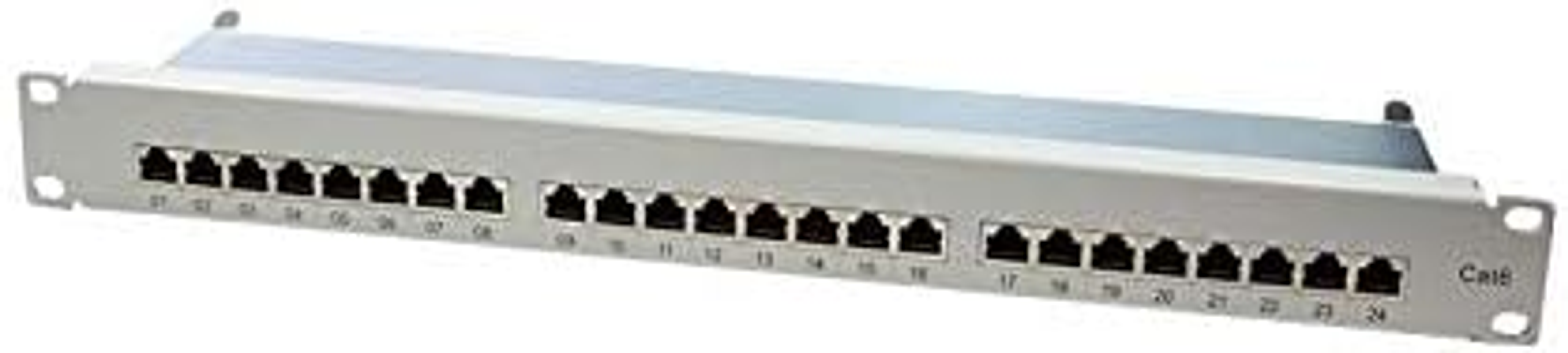 Ein weißes Cat6-Patchfeld mit 24 Anschlüssen. Es ist für die Vernetzung konzipiert.
