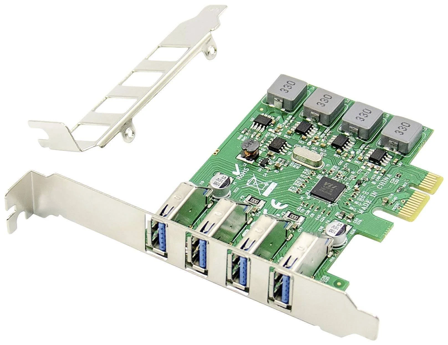 Eine grüne Platine mit USB-Anschlüssen und einer Metallhalterung auf weißem Hintergrund.