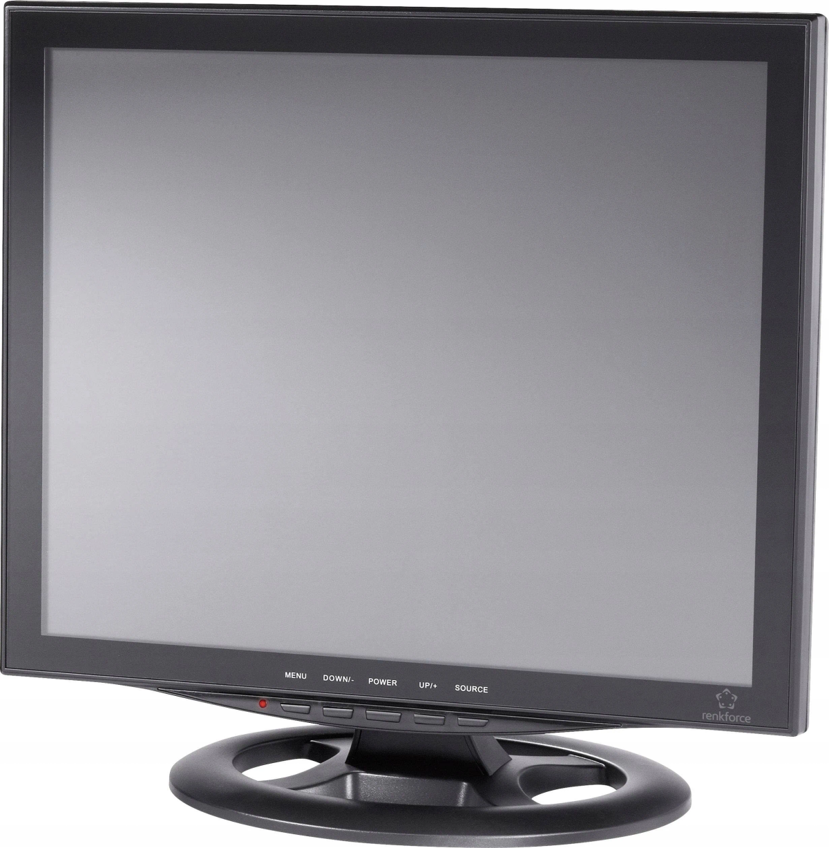 Monitor per computer nero. Renkforce è stampato nell'angolo in basso a destra. Schermo grigio.