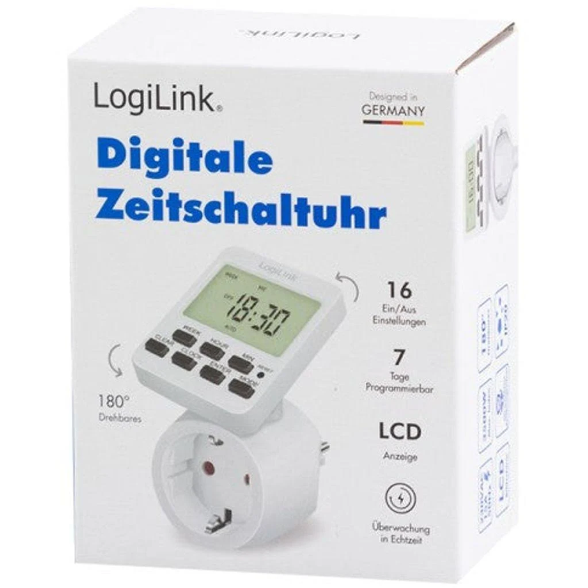 Eine weiße Box mit einem digitalen Timer. Sie zeigt die Zeit und die Einstellungen an. Die Box befindet sich auf einem weißen Stecker.