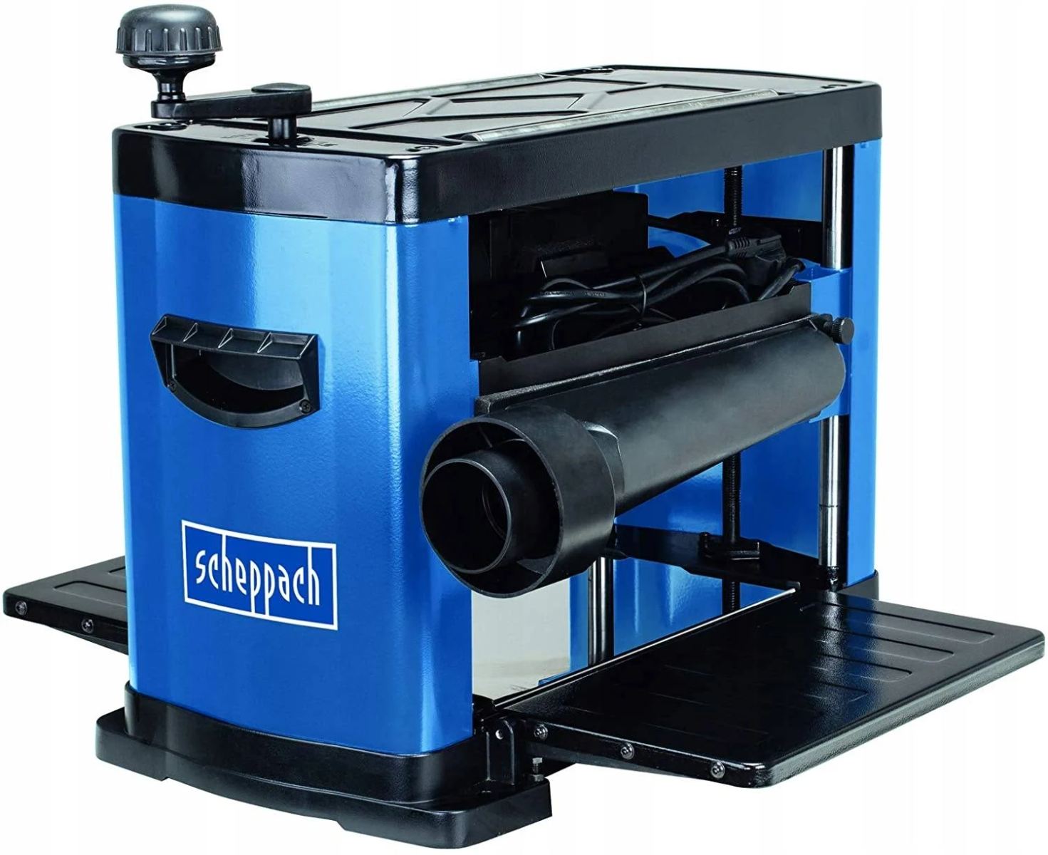 Eine blaue und schwarze Hobelmaschine mit Motor und schwarzen Stütztischen, von oben betrachtet.