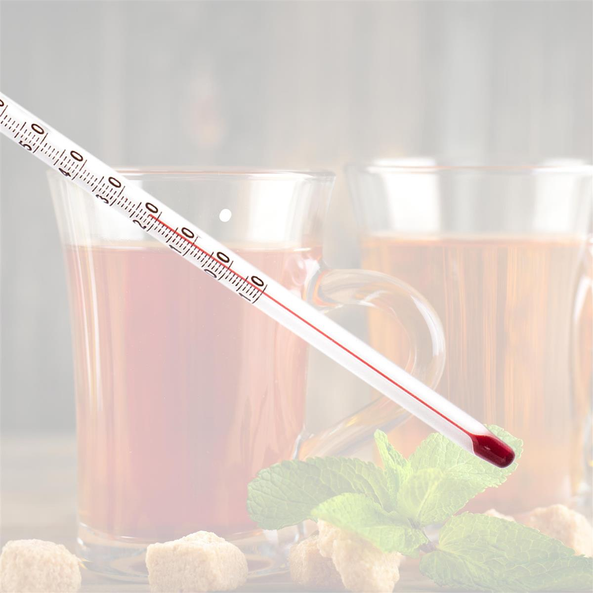 Thermometer in Teegläsern, Minze und Würfelzucker auf einem verschwommenen Holztisch.