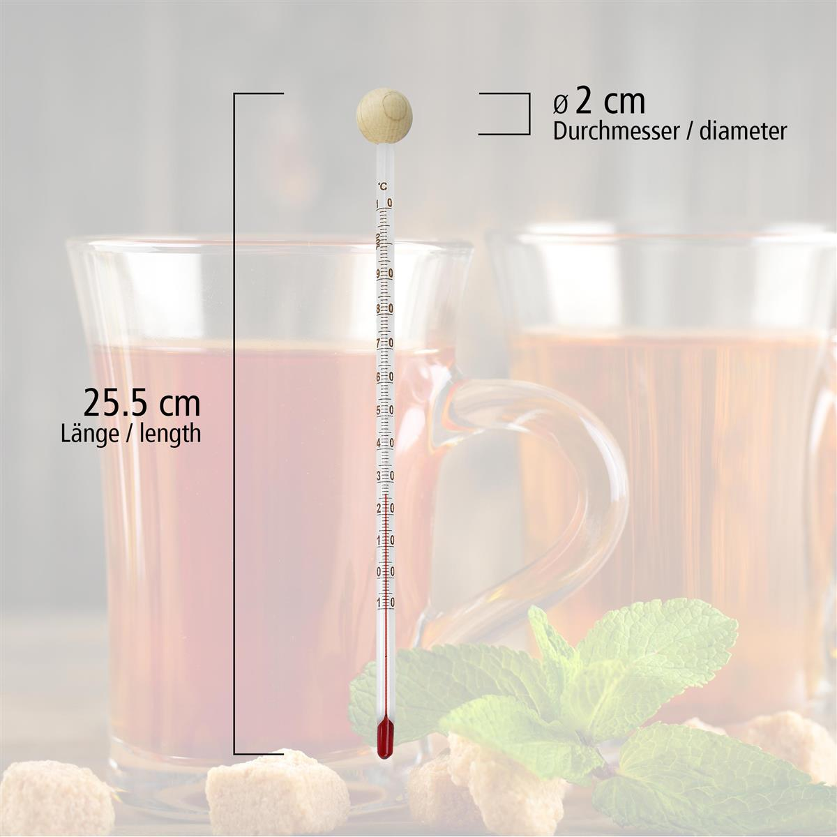 Ein klares Glasthermometer. Die Länge beträgt 25,5 cm und hat einen Holzaufsatz.