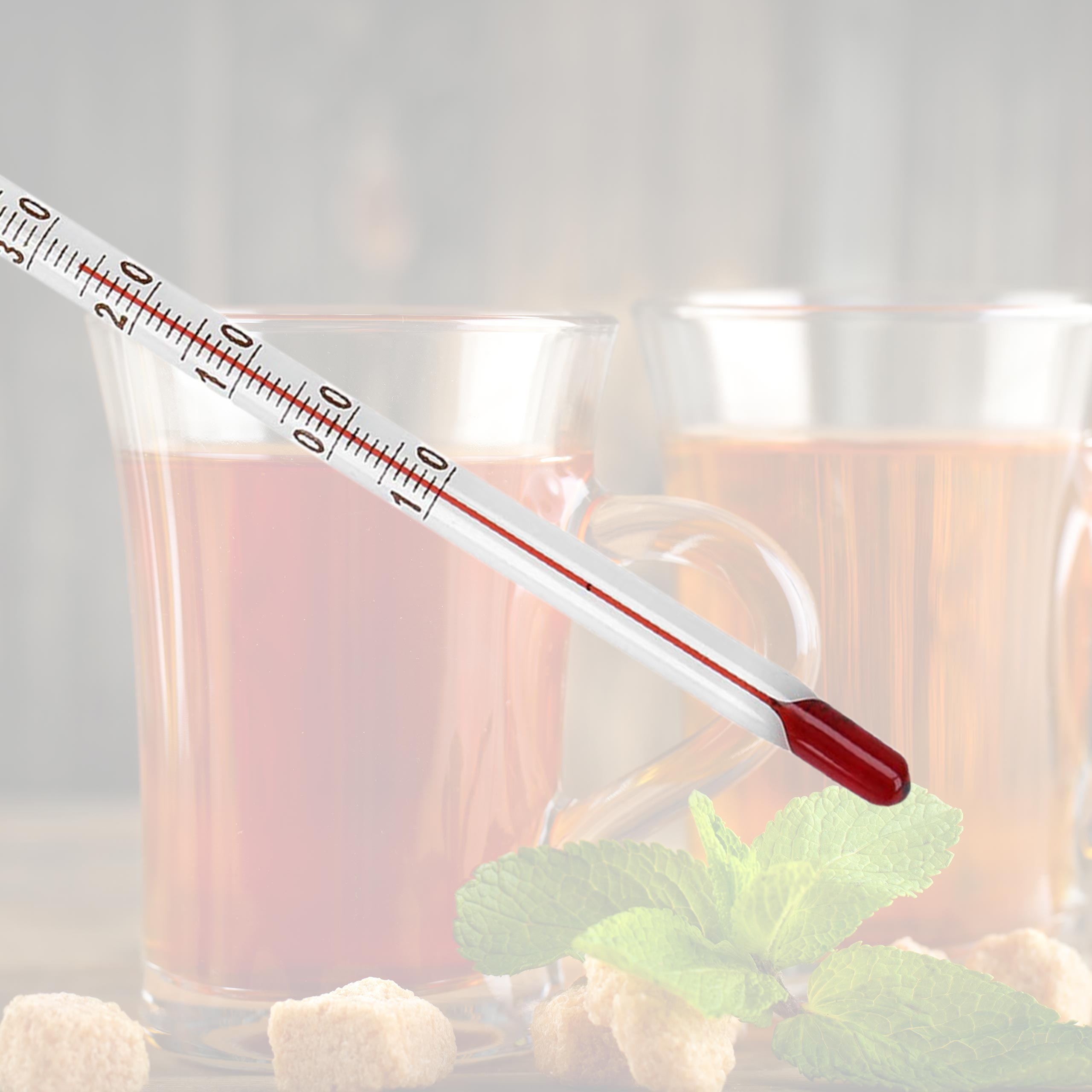 Ein rotes Thermometer in einem klaren Glas Tee, mit Minze und Zuckerwürfeln im Vordergrund.