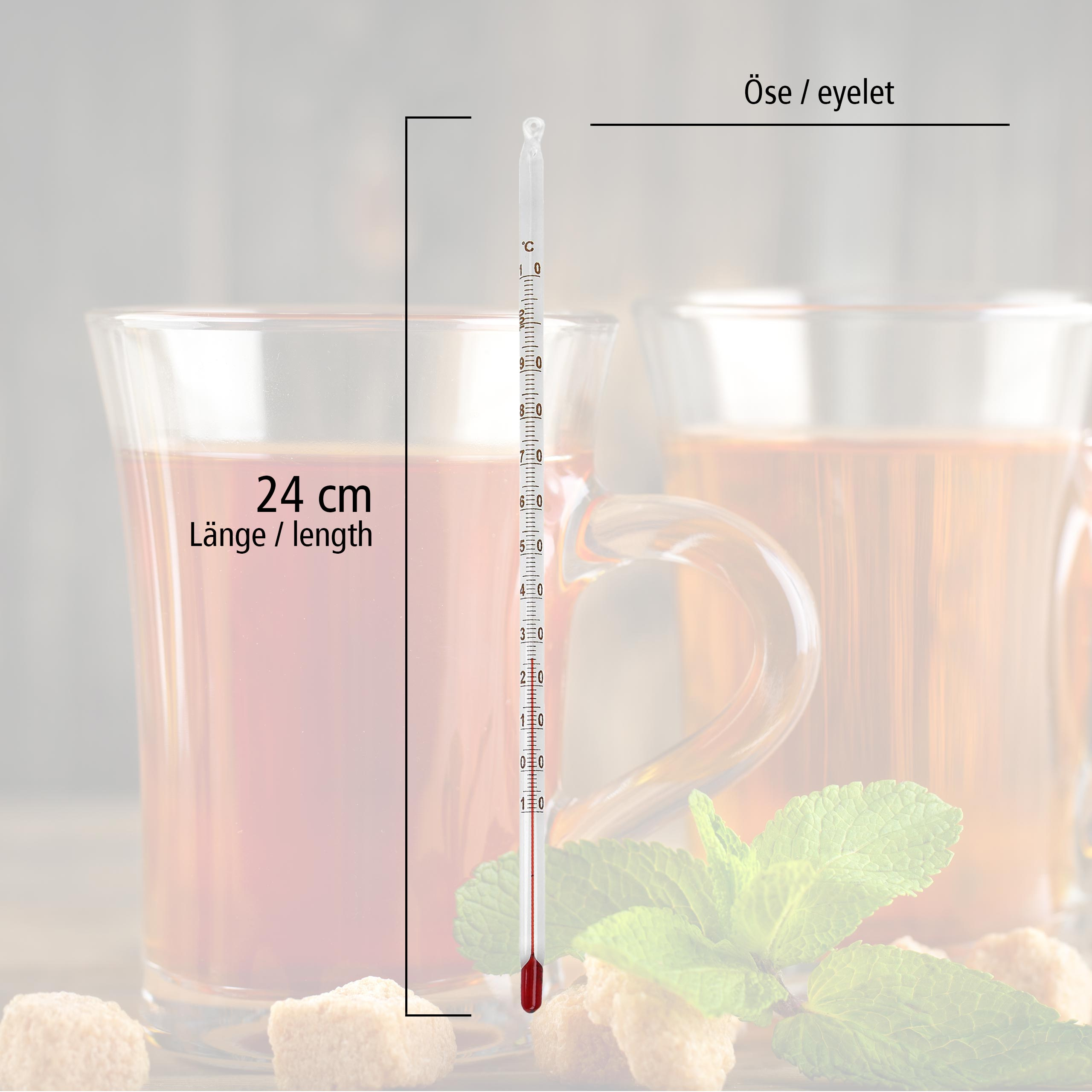 Glasthermometer in einer Teetasse, Länge 24 cm, mit Würfelzucker und Minze.